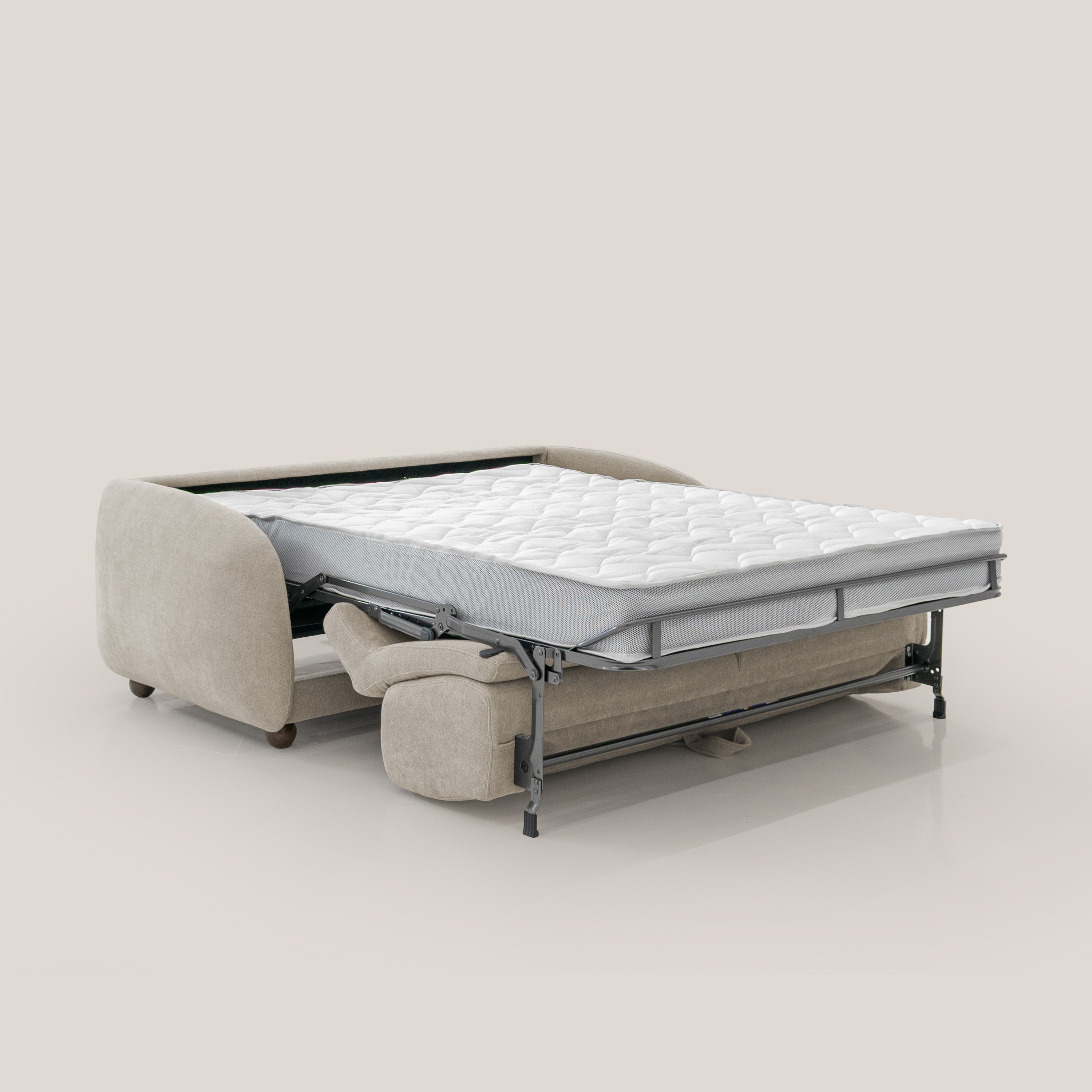 Giglio divano letto scandinavo japandi con materasso H18 cm in tessuto Bouclé impermeabile T07 beige - divani.store