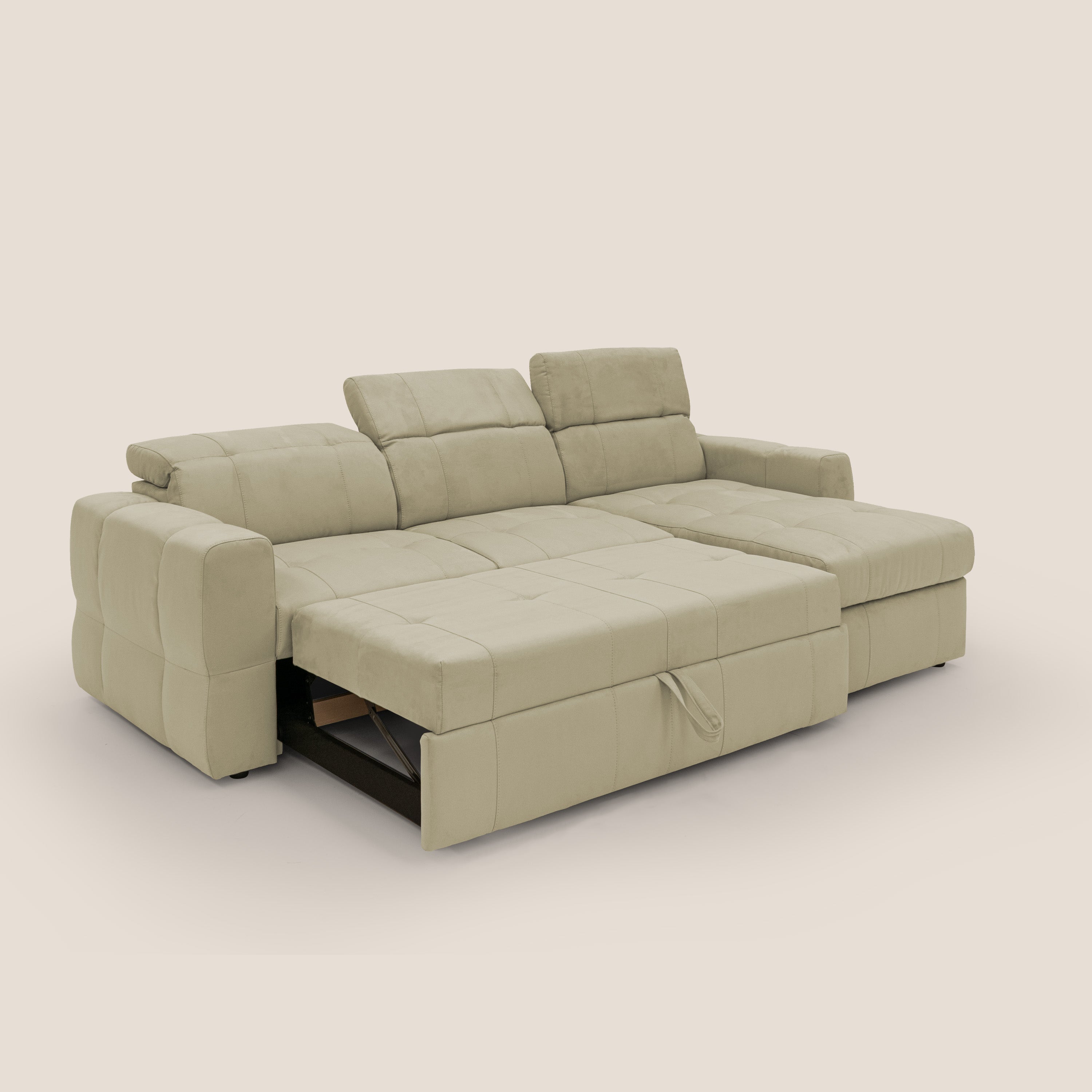 Kronos Divano angolare con pouf estraibile e penisola contenitore in microfibra impermeabile T11 beige - divani.store