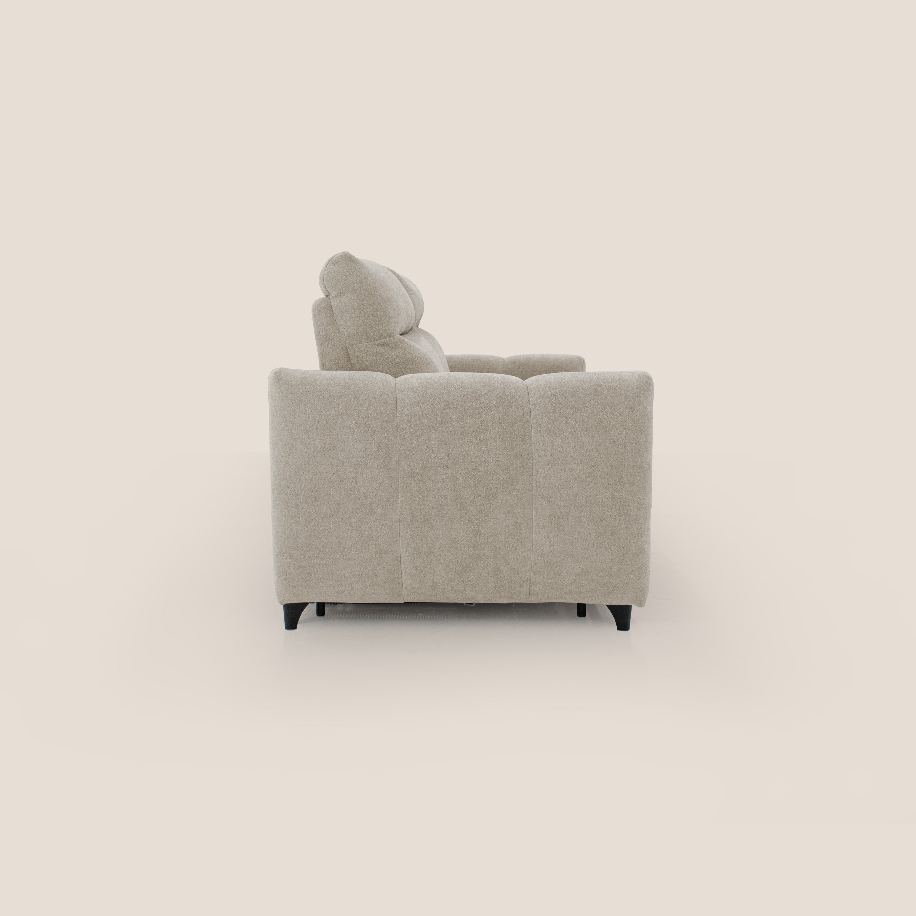 Peonia divano letto scandinavo con materasso H18 cm e morbido e alto schienale in tessuto Bouclé impermeabile T07 beige - divani.store