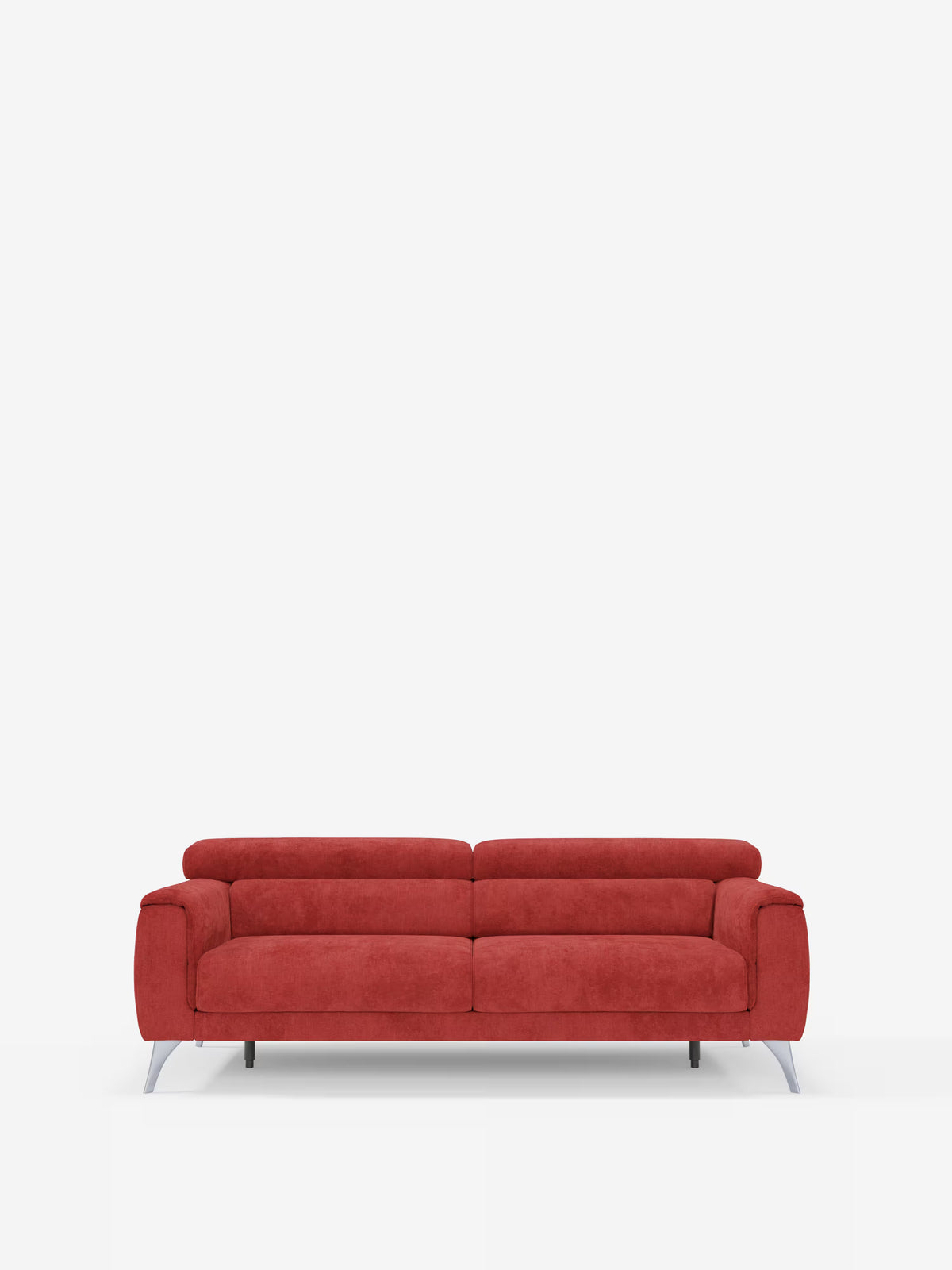 Il divano Caravaggio a 2 e 3 posti di Divani.Store, dal design elegante e contemporaneo, è rivestito in un raffinato tessuto T31 resistente alle macchie e presenta morbidi cuscini, braccioli bassi, gambe in metallo, sedute estensibili e poggiatesta reclinabili. Il moderno divano lineare rosso spicca su uno sfondo bianco a tinta unita, mettendo in risalto il suo design minimalista e l’attenzione al comfort.