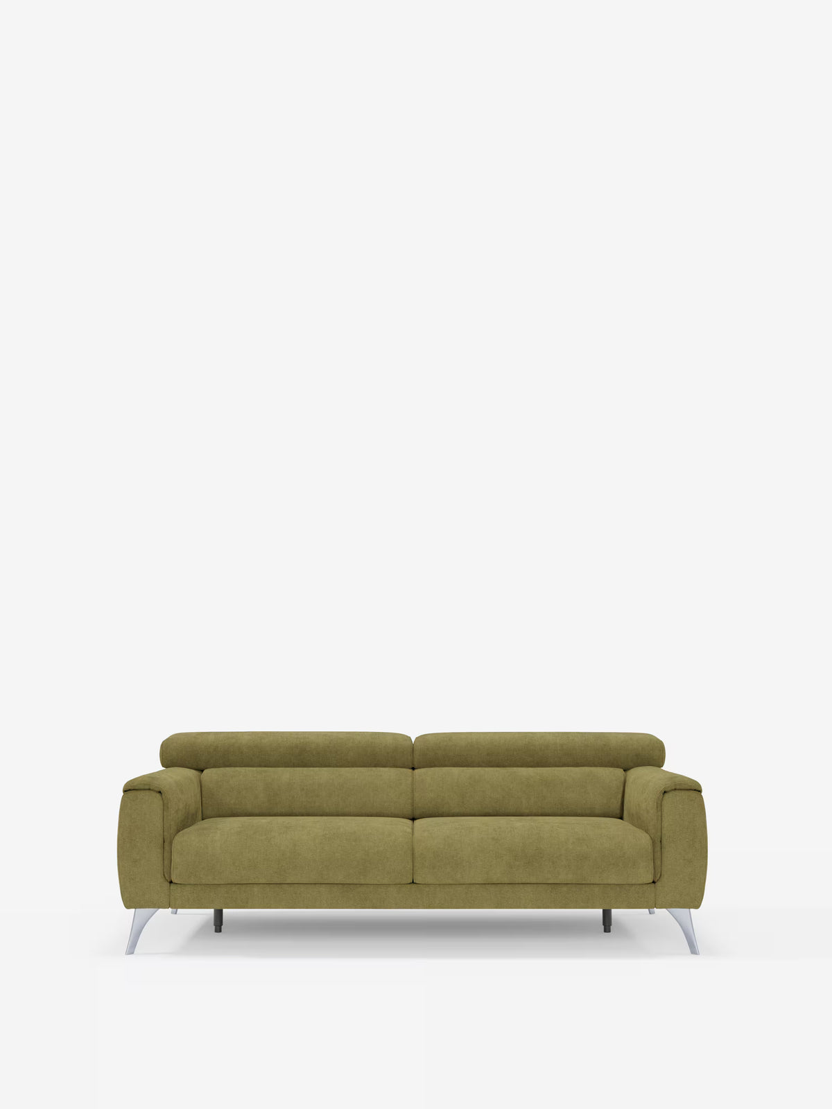 Il divano Caravaggio a 2 e 3 posti di Divani.Store, rivestito in elegante tessuto T31 resistente alle macchie, presenta un design moderno in verde oliva con sedute morbide e imbottite e braccioli bassi. La sua silhouette slanciata è valorizzata da sottili gambe in metallo argentato dal profilo angolare, mentre le sedute allungate e i poggiatesta reclinabili garantiscono il massimo comfort. Su uno sfondo bianco a tinta unita, questo divano minimalista incarna alla perfezione lo stile raffinato di un divano