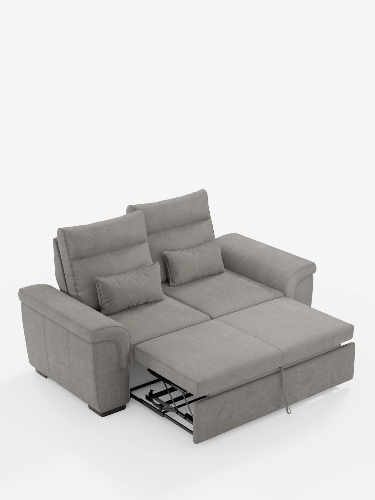 Il divano Ischia a tre posti con pouf estraibile e schienali regolabili, rivestito in tessuto misto lino antimacchia, è un divano grigio a tre posti con tessuto testurizzato, un pouf estraibile allungabile, due schienali regolabili e due piccoli cuscini rettangolari.