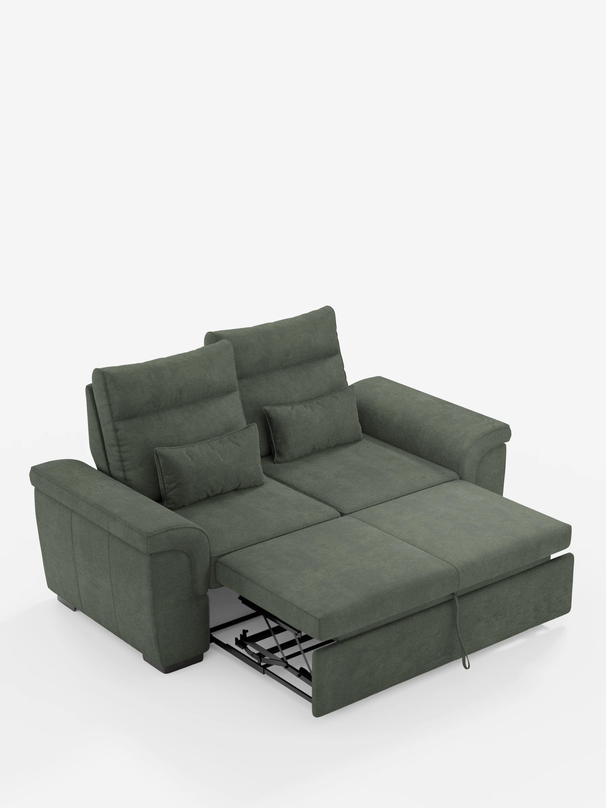 Un divano a 3 posti Ischia con pouf estraibile e schienali scorrevoli, rivestito in tessuto misto lino smacchiabile color verde oliva, dotato di chaise longue estraibile, schienali regolabili e due cuscini lombari su sfondo bianco.