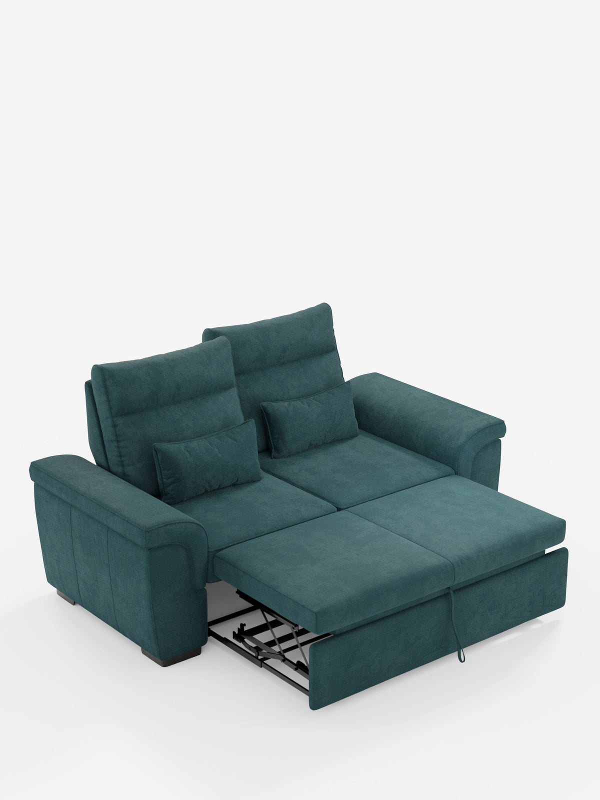 Un divano a 3 posti Ischia con pouf estraibile e schienali scorrevoli in tessuto misto lino antimacchia, caratterizzato da un tessuto testurizzato color verde acqua, due cuscini coordinati e un meccanismo con base in metallo a vista su sfondo bianco.