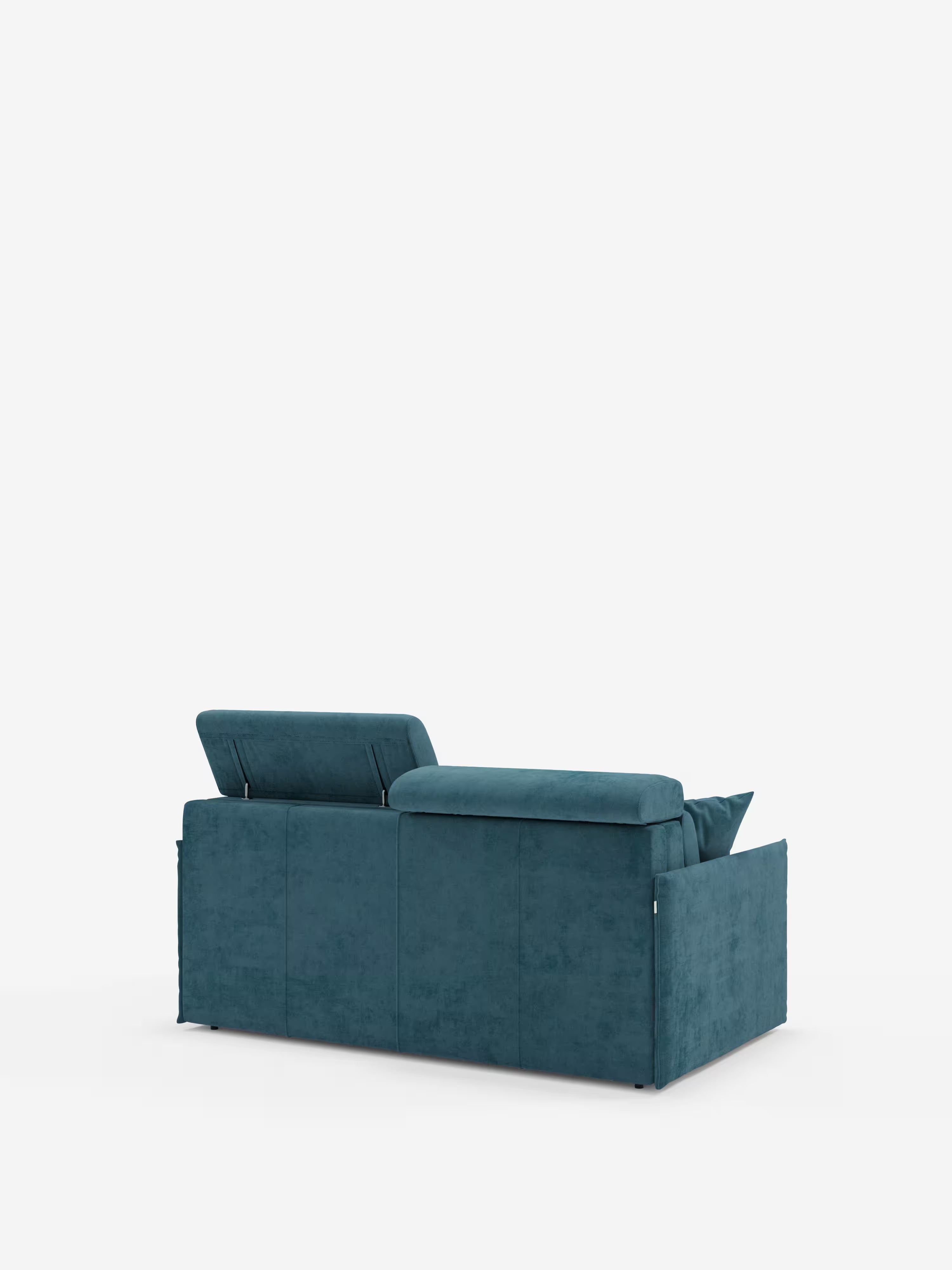 Il divano letto Miryam con poggiatesta reclinabili e comfort maxi di Divani.Store, color verde acqua, rivestito con il morbido tessuto T31 facile da pulire, è raffigurato visto da dietro. Uno dei poggiatesta è in posizione verticale, mentre l’altro è reclinato. Il divano compatto presenta un design squadrato con braccioli e cuscini piatti — ideale per gli spazi ridotti — e poggia su gambe corte e nascoste su uno sfondo bianco a tinta unita.