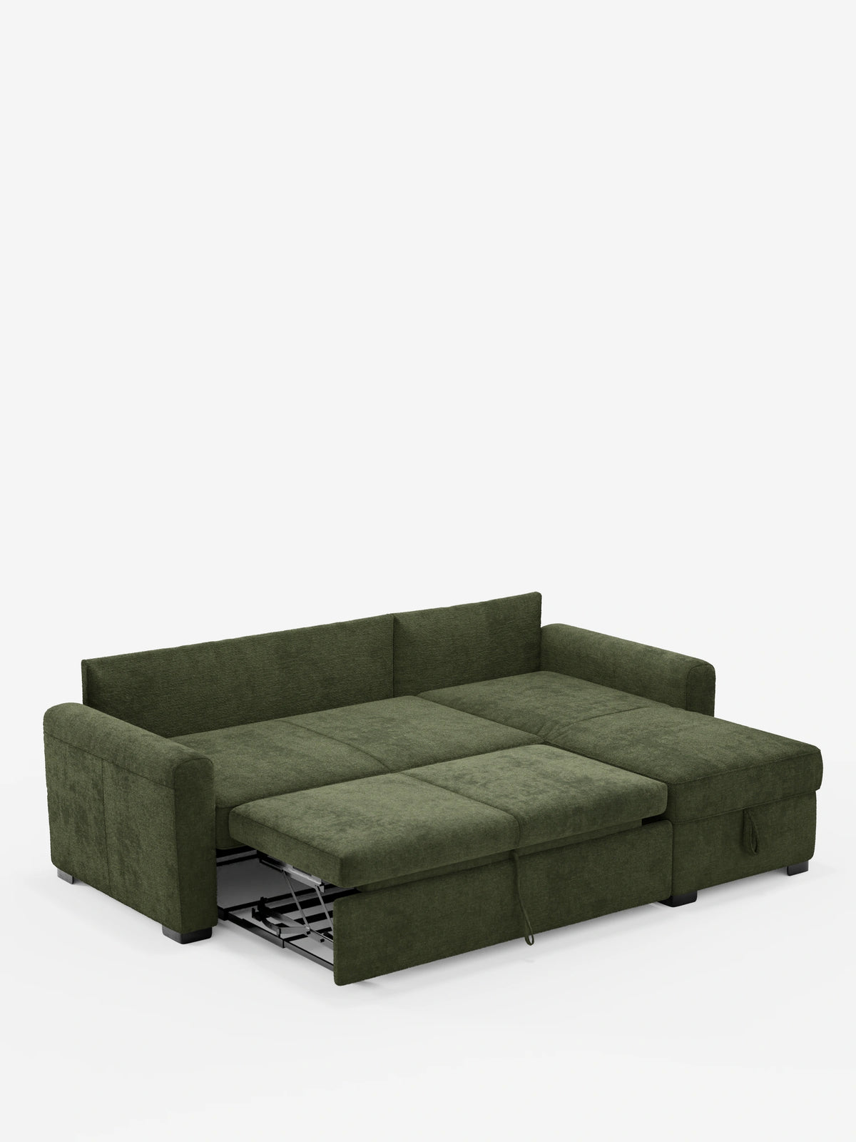 Un divano letto Ottaviano con letto estraibile, penisola reversibile e contenitore, realizzato in tessuto materico smacchiabile color forest green, è raffigurato su uno sfondo bianco con il letto estraibile aperto e il vano contenitore aperto.