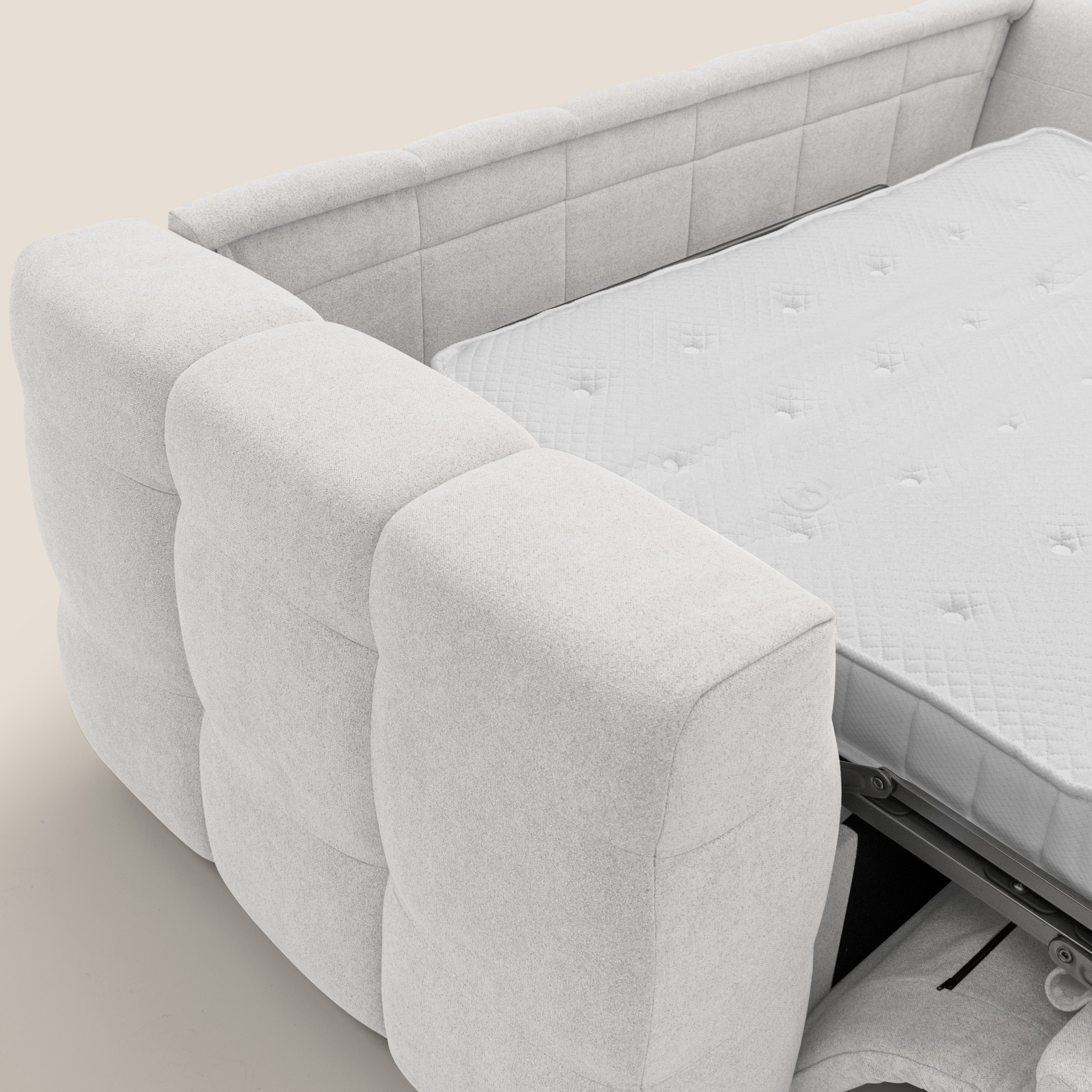 Tender Divano letto matrimoniale dal design innovativo in tessuto bouclet impermeabile T07 bianco - divani.store