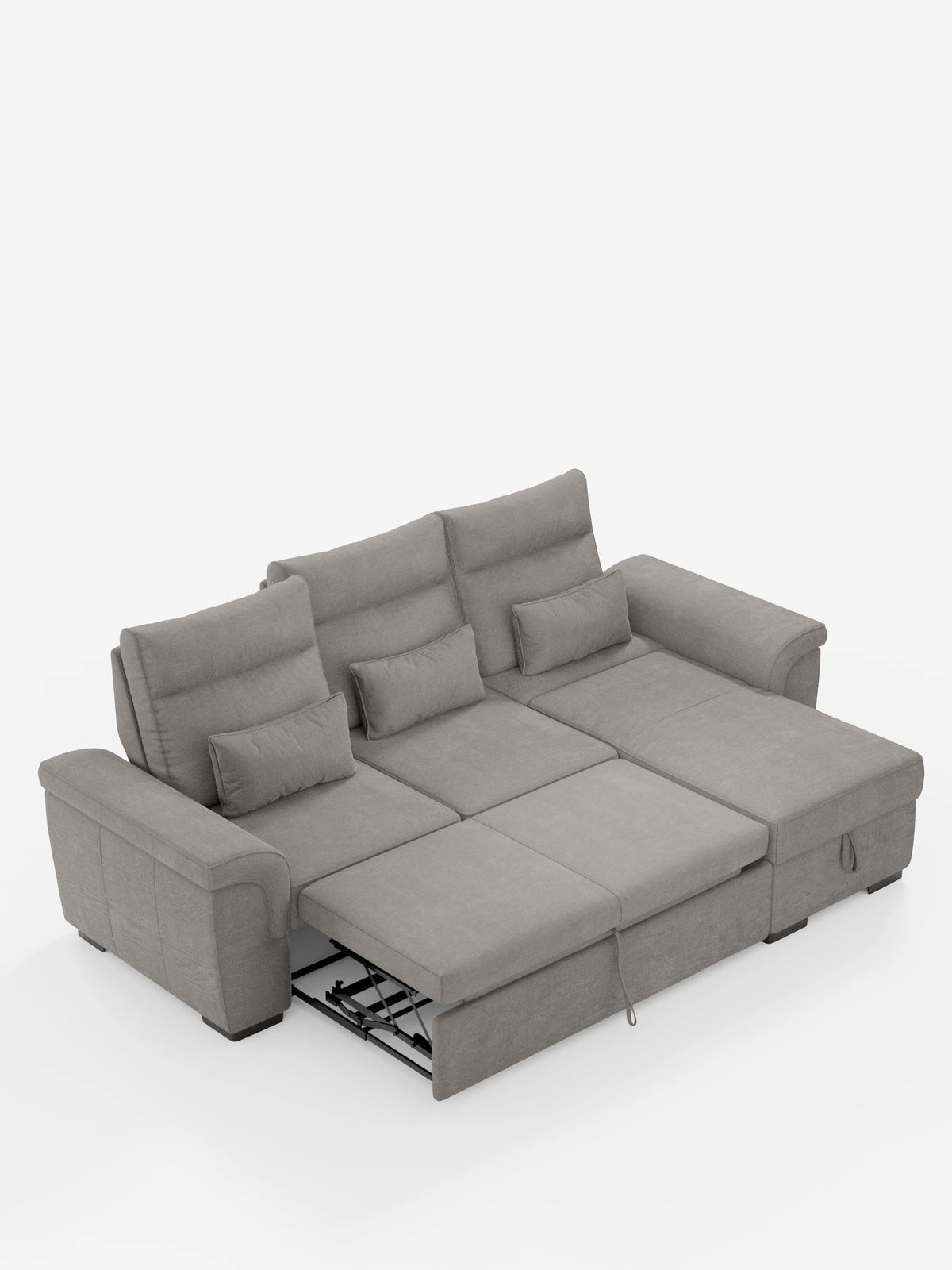 Vista dall'alto di un divano letto angolare Ischia con schienali scorrevoli, elemento estraibile e penisola contenitore in tessuto antimacchia misto lino, un divano letto angolare grigio con una sezione estraibile, una chaise longue contenitore e tre cuscini coordinati.