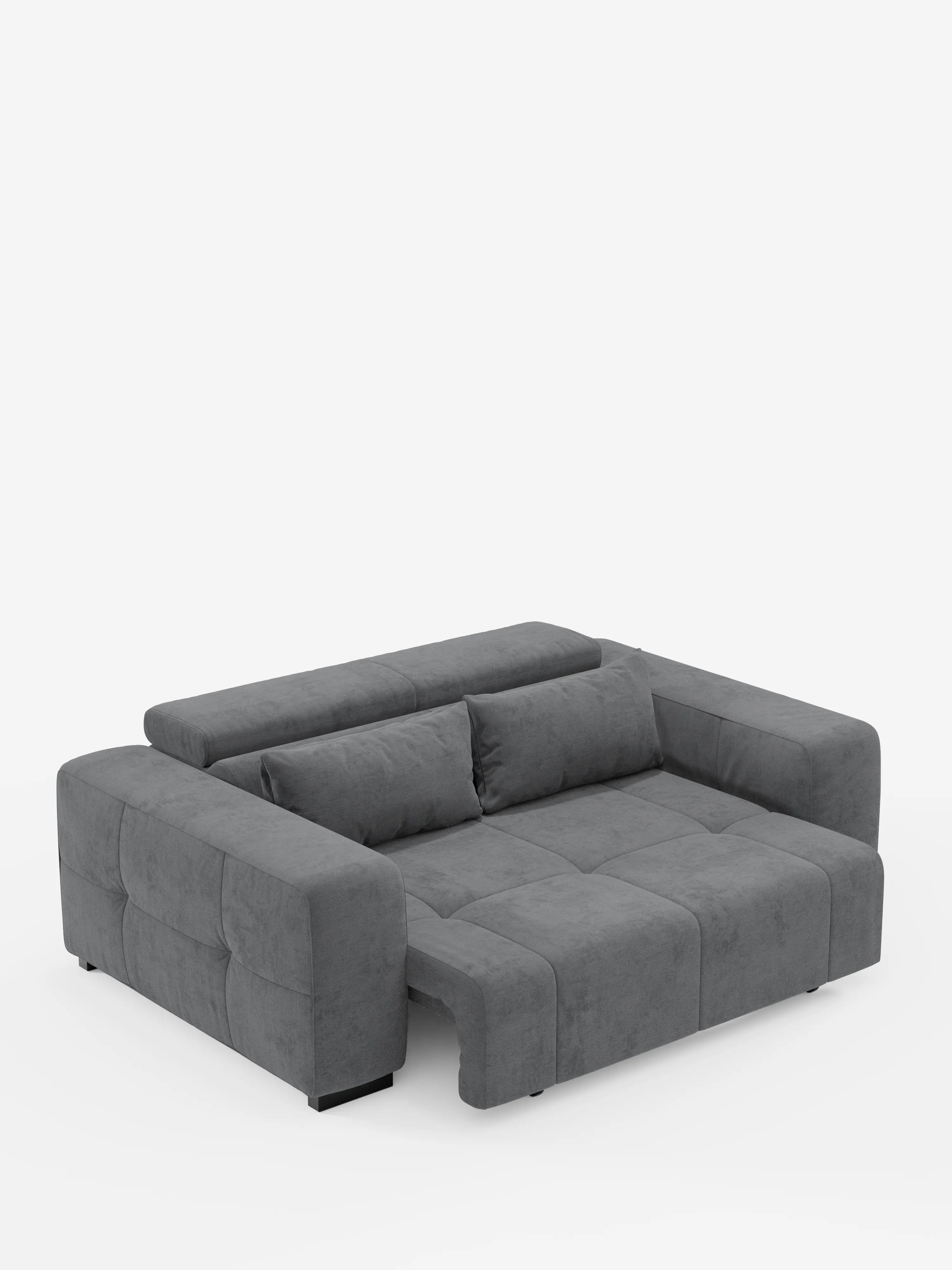 Il divano Monarch con relax elettrico di Divani.Store è un moderno divano angolare realizzato in morbido tessuto smacchiabile T31 color grigio scuro, caratterizzato da ampi braccioli e sedute con cuciture trapuntate. Questo divano offre la funzione relax elettrica per l’allungamento delle sedute e i poggiatesta reclinabili, creando una superficie simile a un letto, mentre due cuscini coordinati poggiano sullo schienale. Appoggiato su bassi piedini neri, il divano risalta su uno sfondo bianco.