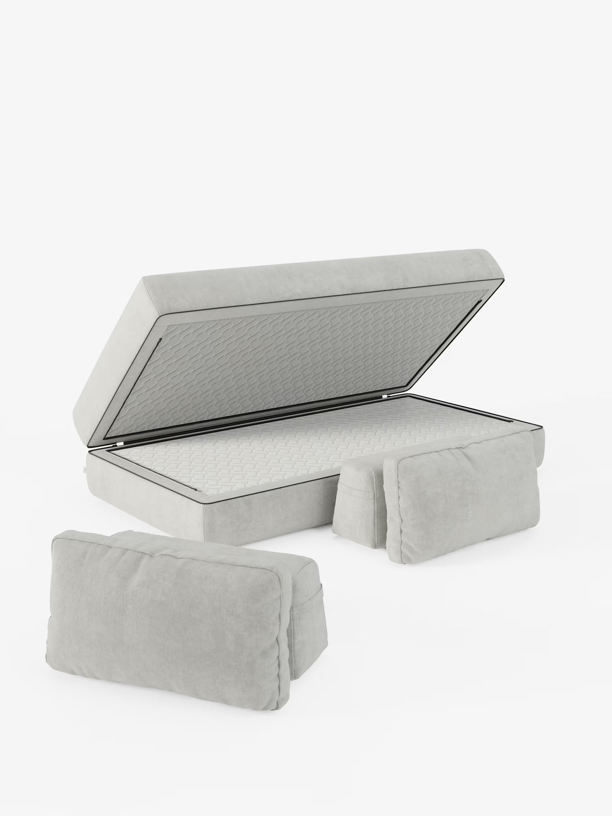 Un moderno pouf contenitore imbottito grigio chiaro della collezione Sistema Living è esposto con il coperchio aperto, che rivela un interno bianco trapuntato. Due cuscini rettangolari coordinati sono appoggiati davanti al pouf su uno sfondo bianco pulito: un accessorio ideale per completare il tuo divano letto matrimoniale Rift a 2 e 3 posti con schienali mobili di Divani.Store, dotato di un materasso in memory foam alto 24 cm e rivestito in tessuto T31 antimacchia.