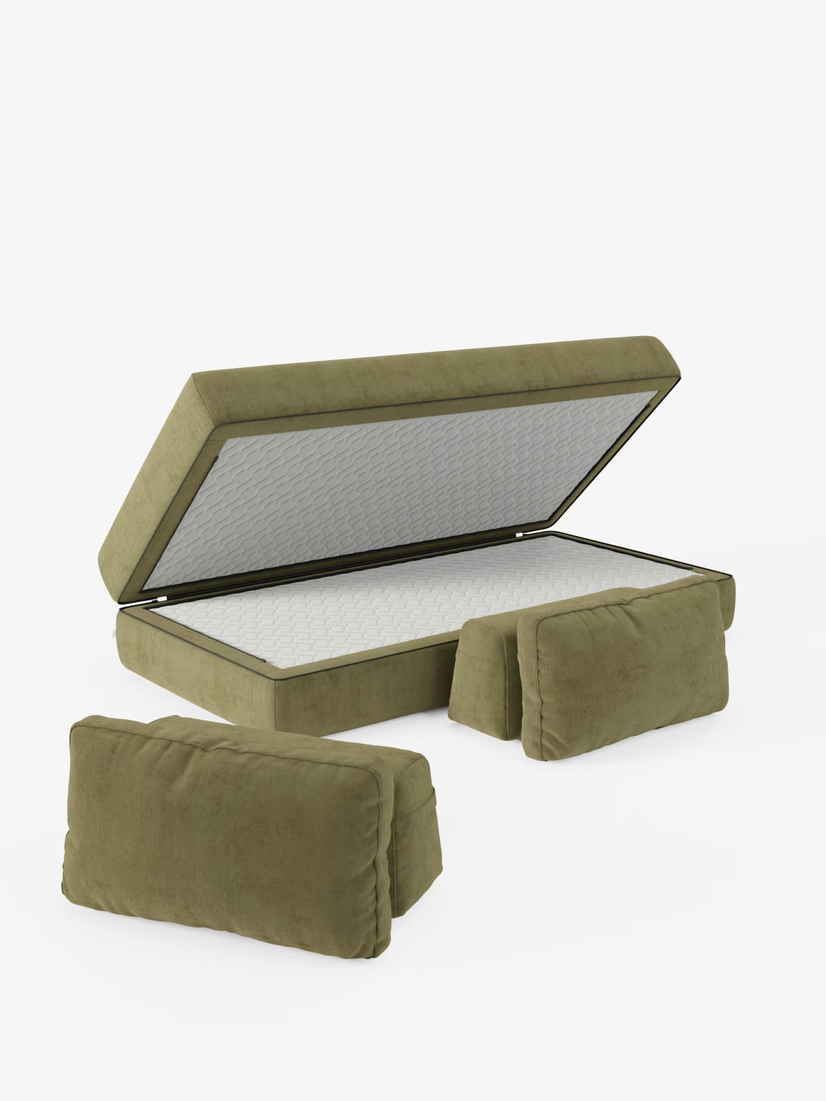 Il divano letto matrimoniale Divani.Store Rift, disponibile nelle versioni a 2 e 3 posti, rivestito in tessuto verde smacchiabile T31, è dotato di schienali regolabili e include un materasso in memory foam alto 24 cm. Nella foto, con la piattaforma del materasso principale sollevata per rivelare un ampio vano contenitore interno, questa configurazione è ideale per uno stile di vita versatile. Due cuscini verdi abbinati sono disposti nella parte anteriore della base su uno sfondo bianco a tinta unita.