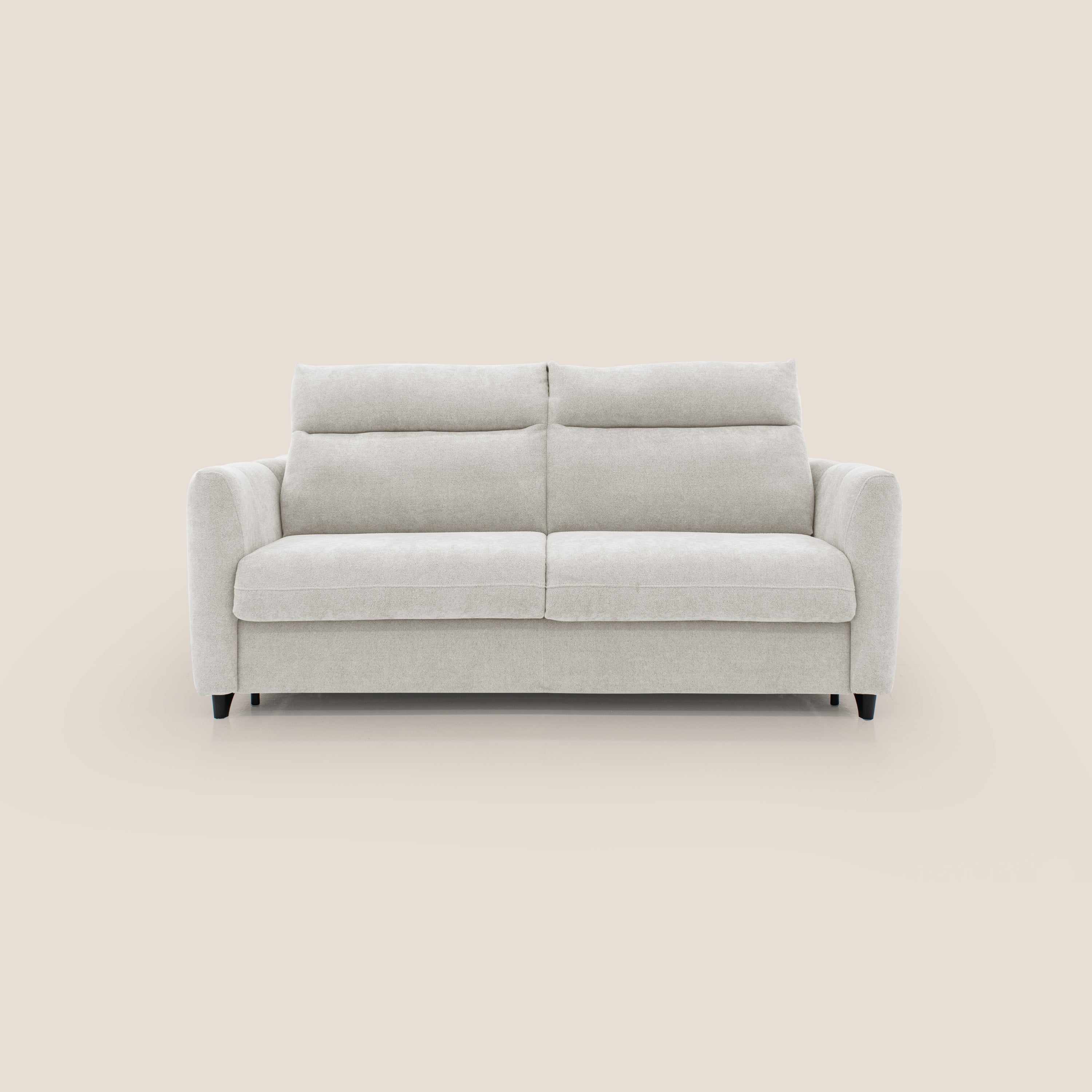 Peonia divano letto scandinavo con materasso H18 cm e morbido e alto schienale in tessuto Bouclé impermeabile T07 bianco - divani.store