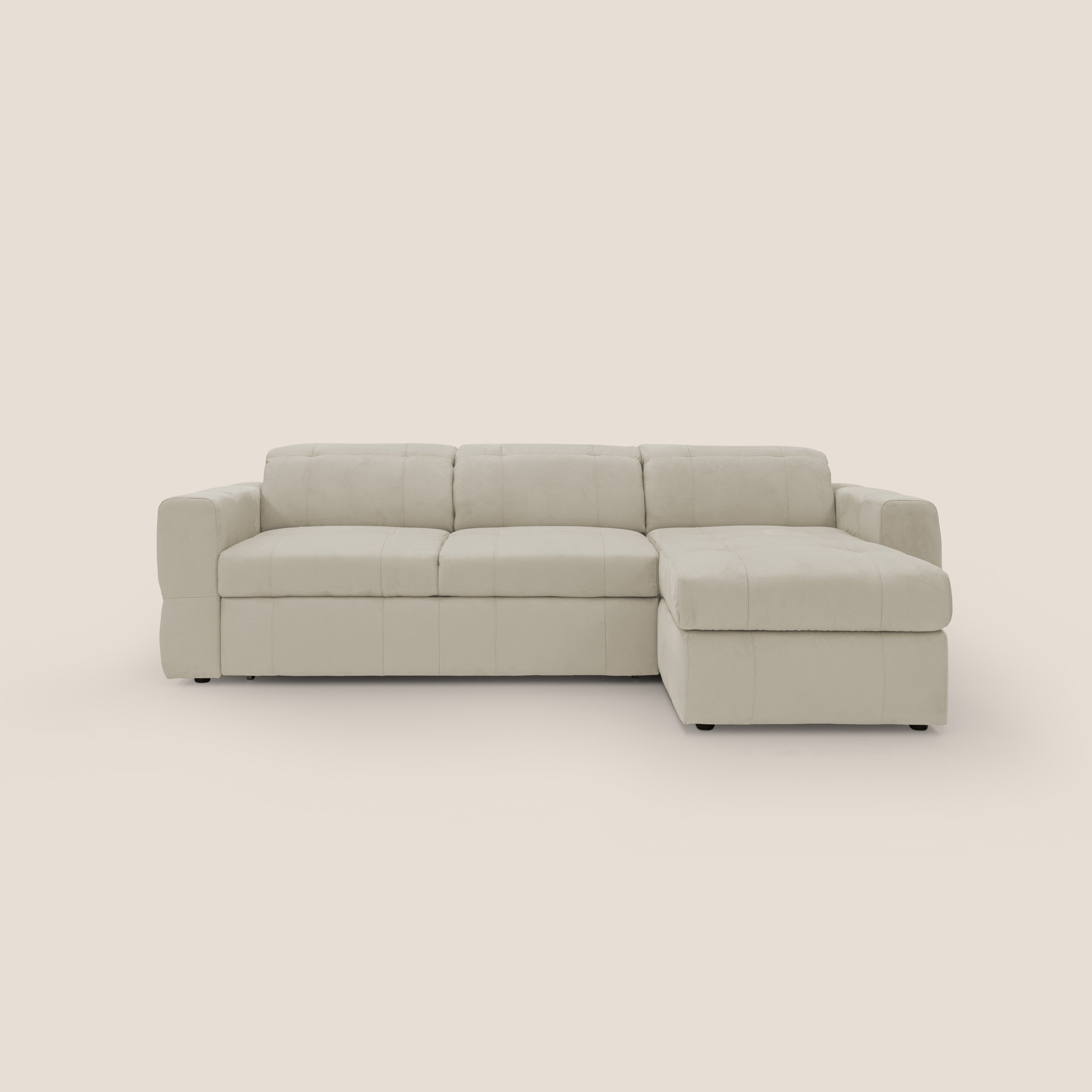 Kronos Divano angolare con pouf estraibile e penisola contenitore in microfibra impermeabile T11 panna - divani.store