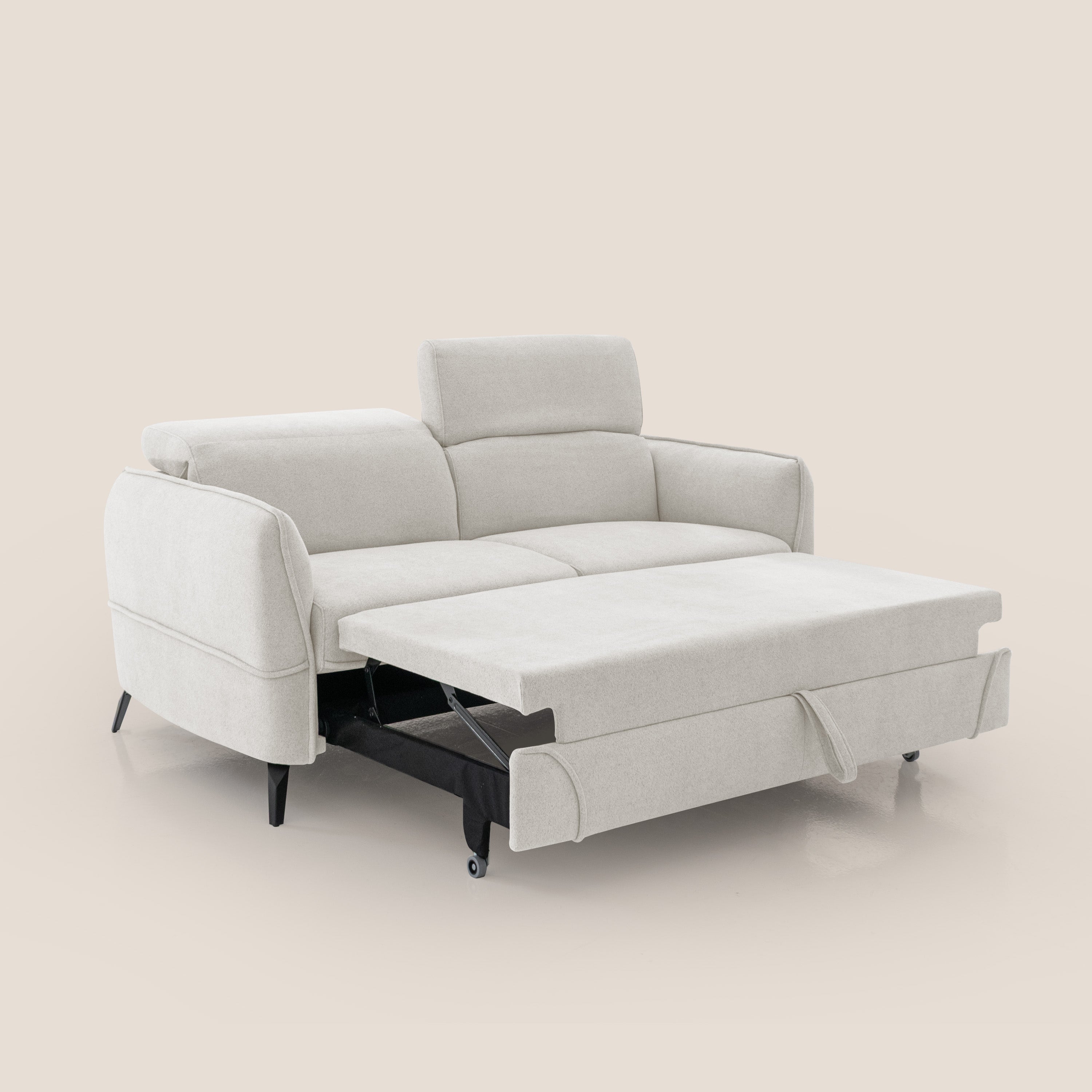 Bloom Divano con poggiapiedi estraibile piedini alti e poggiatesta reclinabili in tessuto bouclé impermeabile T07 bianco - divani.store