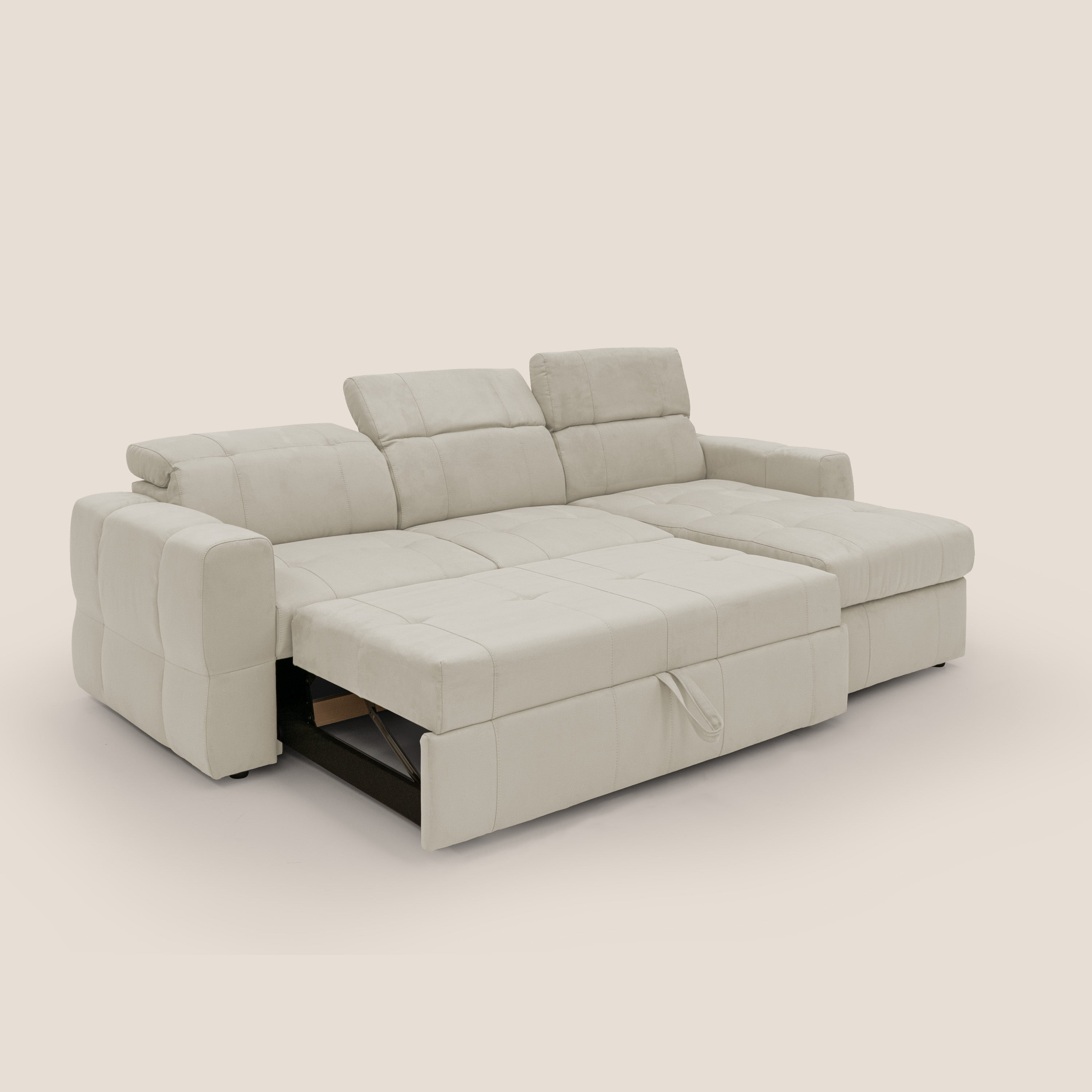 Kronos Divano angolare con pouf estraibile e penisola contenitore in microfibra impermeabile T11 panna - divani.store