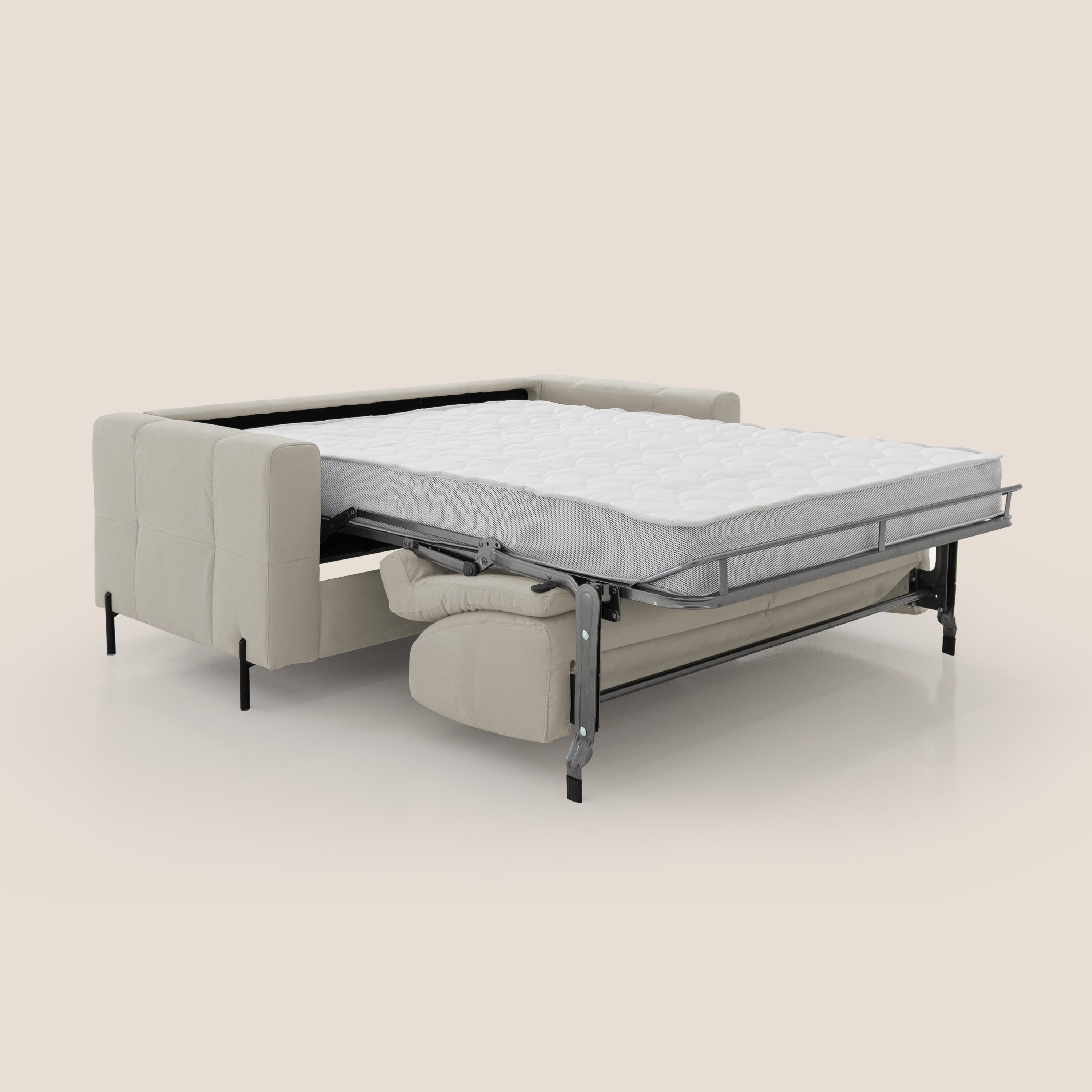 Ortensia divano letto materasso H18 cm con piedi alti in elegante microfibra smacchiabile T11 panna - divani.store