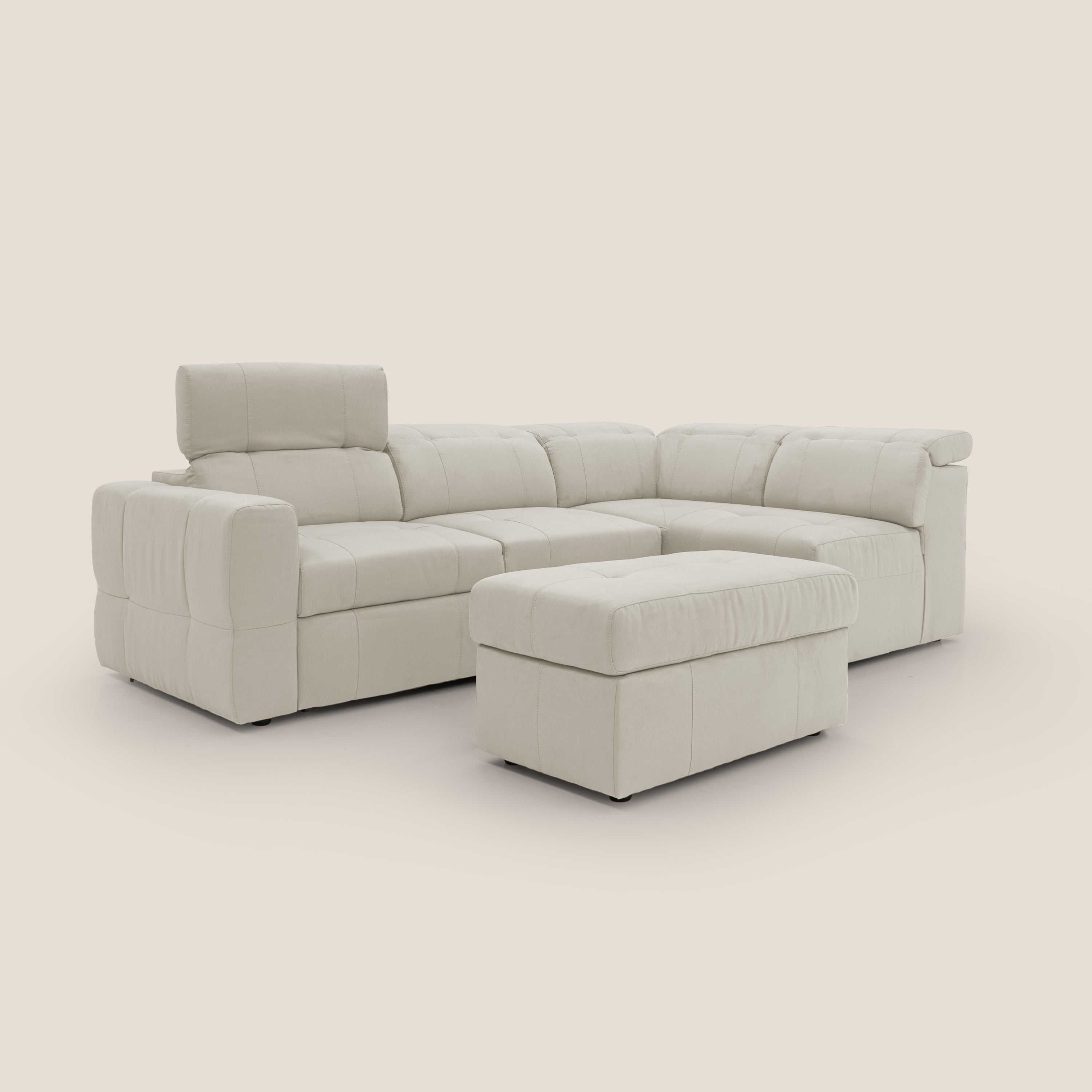 Kronos Divano angolare con poggiapiedi estraibile e pouf contenitore mobile in microfibra impermeabile T11 panna - divani.store