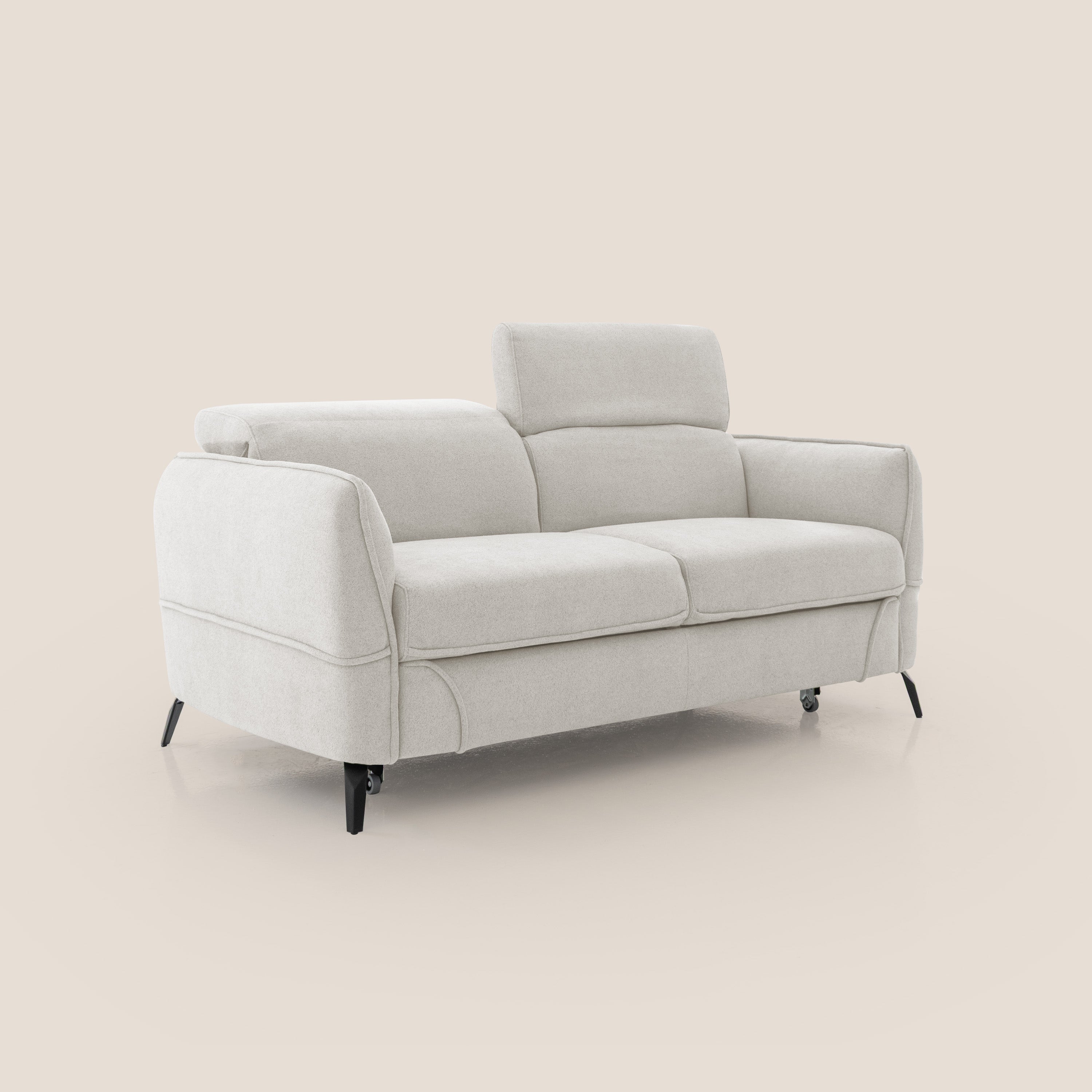 Bloom Divano con poggiapiedi estraibile piedini alti e poggiatesta reclinabili in tessuto bouclé impermeabile T07 bianco - divani.store