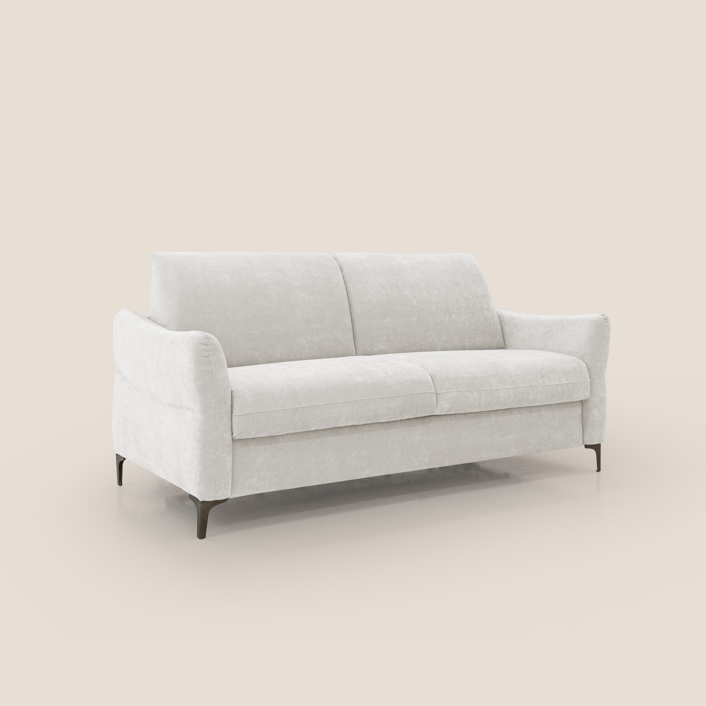 Dalia divano letto con materasso H18 cm e piedi alti in raffinato tessuto smacchiabile T17 bianco - divani.store