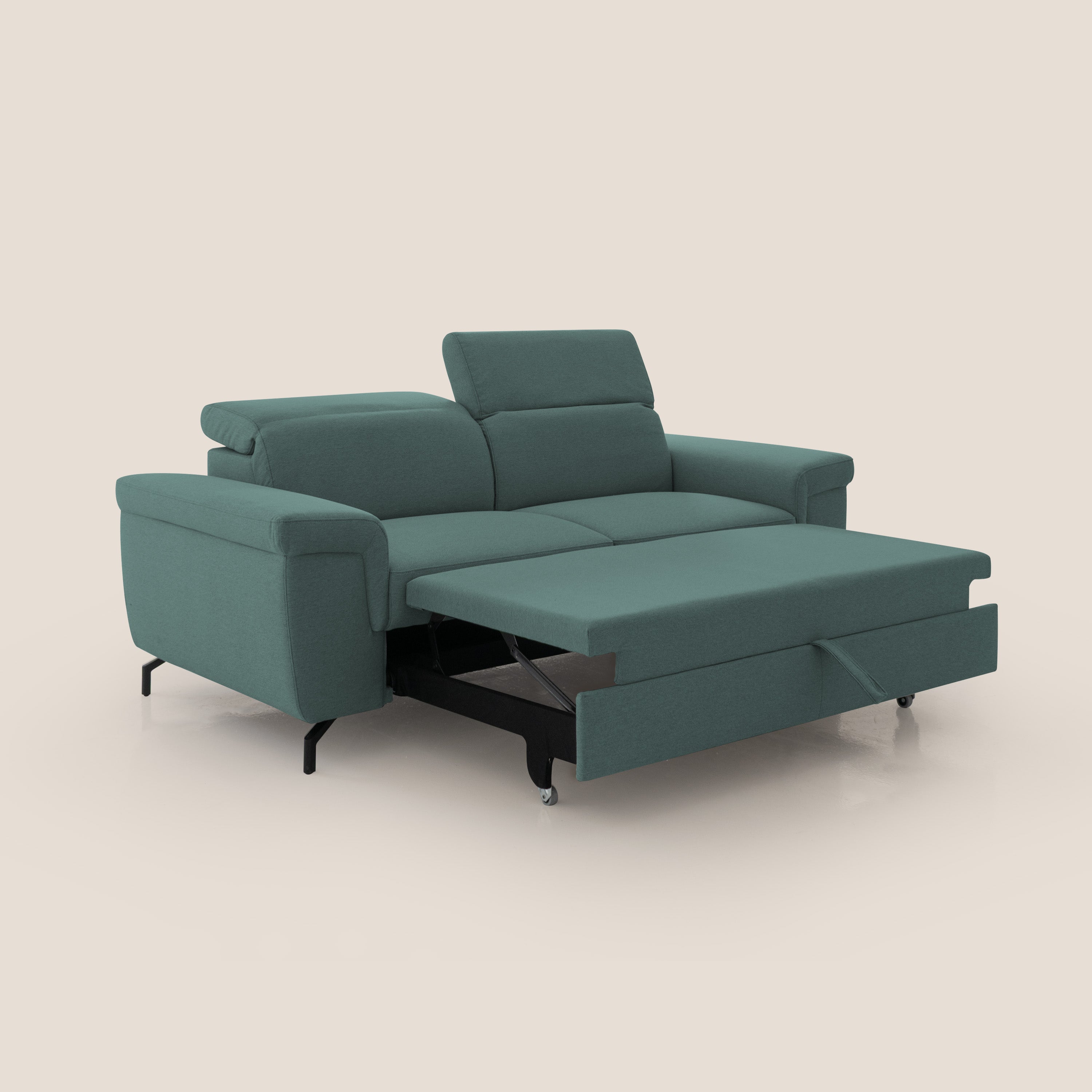 Aisha Divano con poggiapiedi estraibile piedini alti e poggiatesta reclinabili in tessuto Smacchiabile T05 verde - divani.store