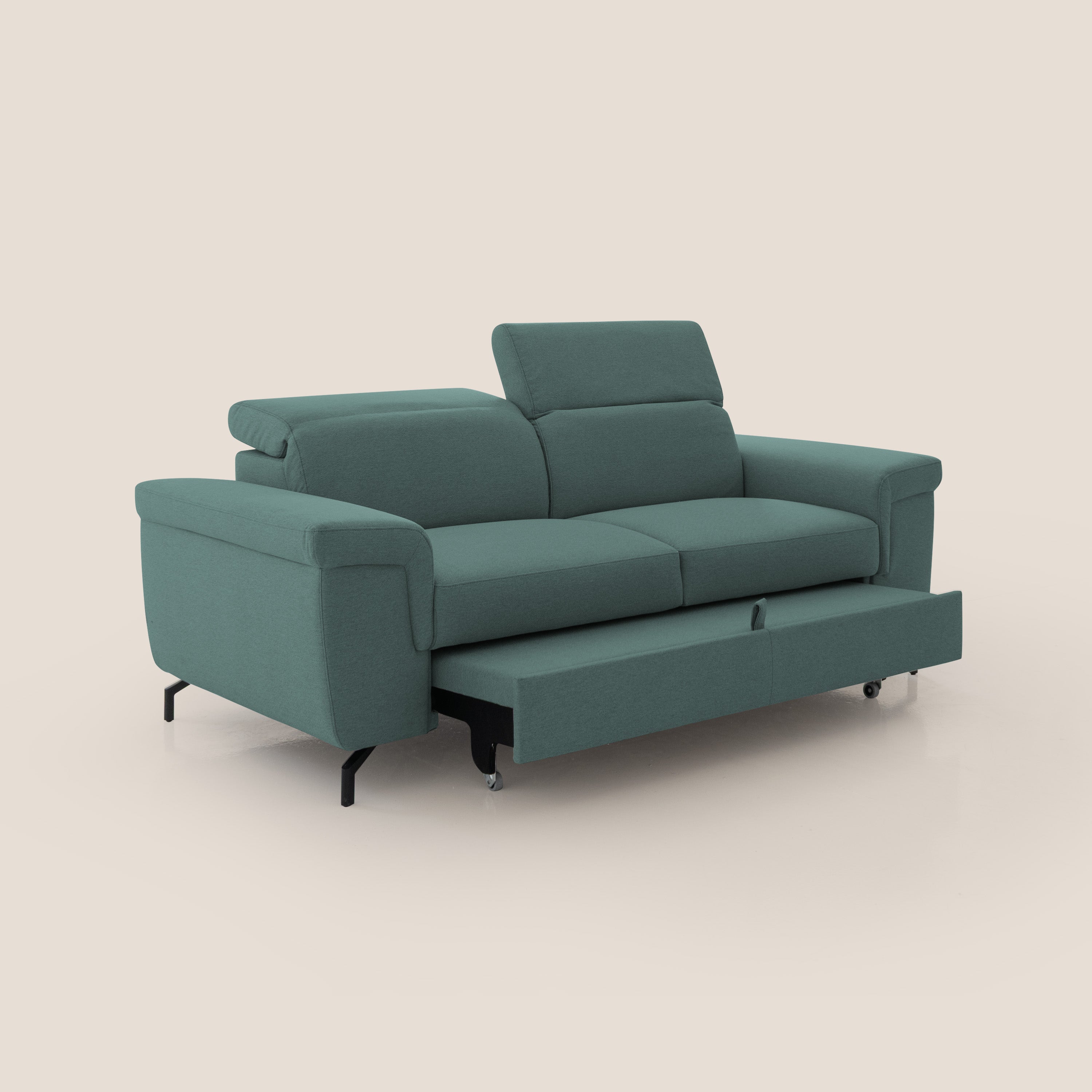 Aisha Divano con poggiapiedi estraibile piedini alti e poggiatesta reclinabili in tessuto Smacchiabile T05 verde - divani.store