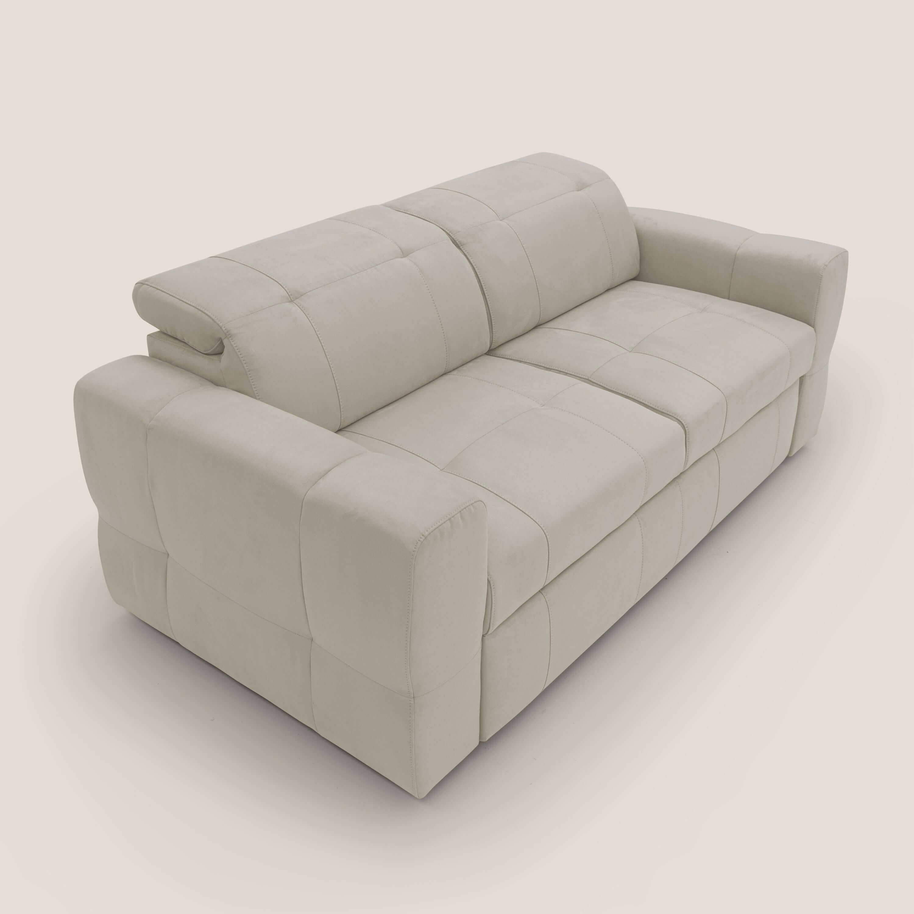 Kronos Divano con pouf estraibile poggiapiedi e poggiatesta reclinabili in morbida microfibra impermeabile T11 panna - divani.store