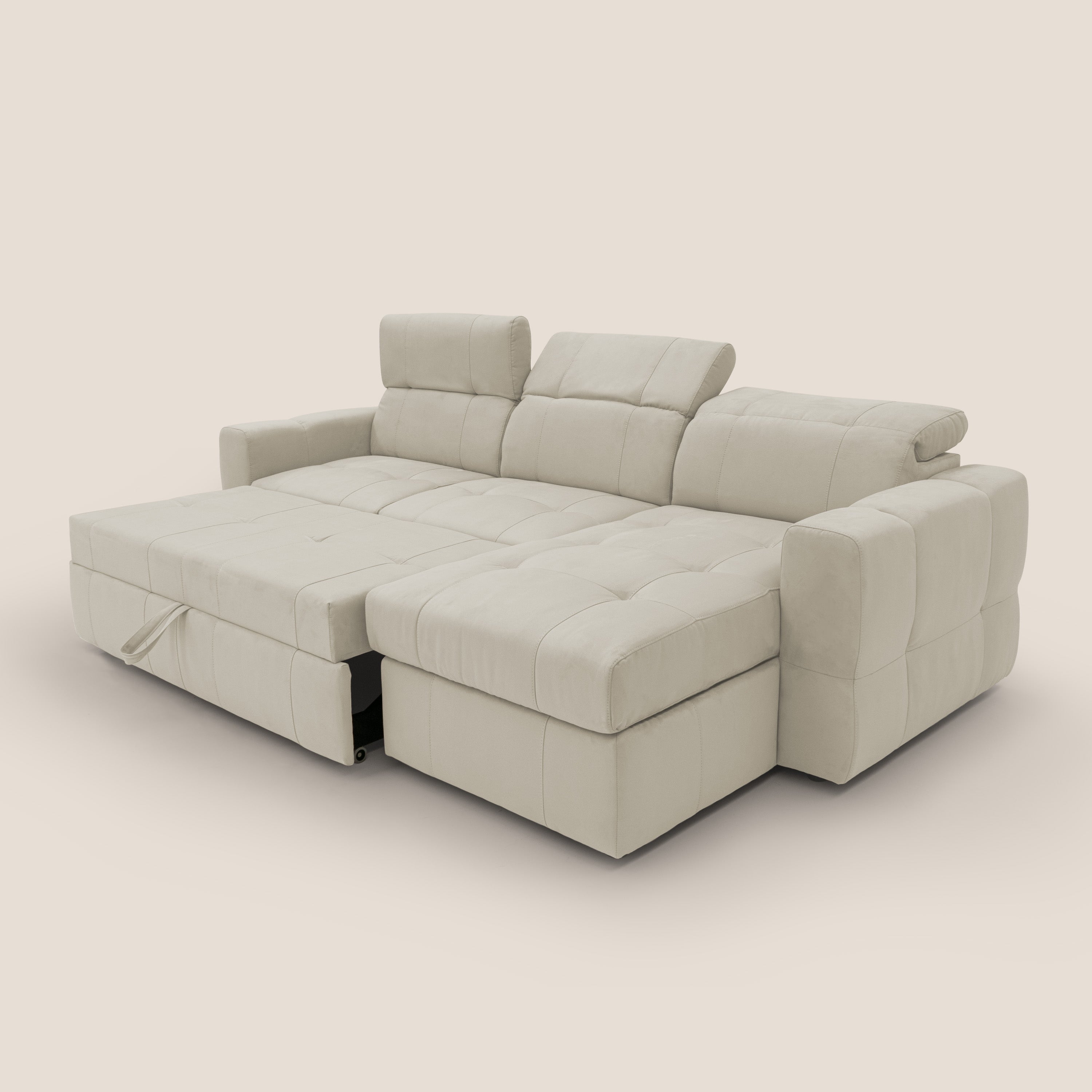 Kronos Divano angolare con pouf estraibile e penisola contenitore in microfibra impermeabile T11 panna - divani.store