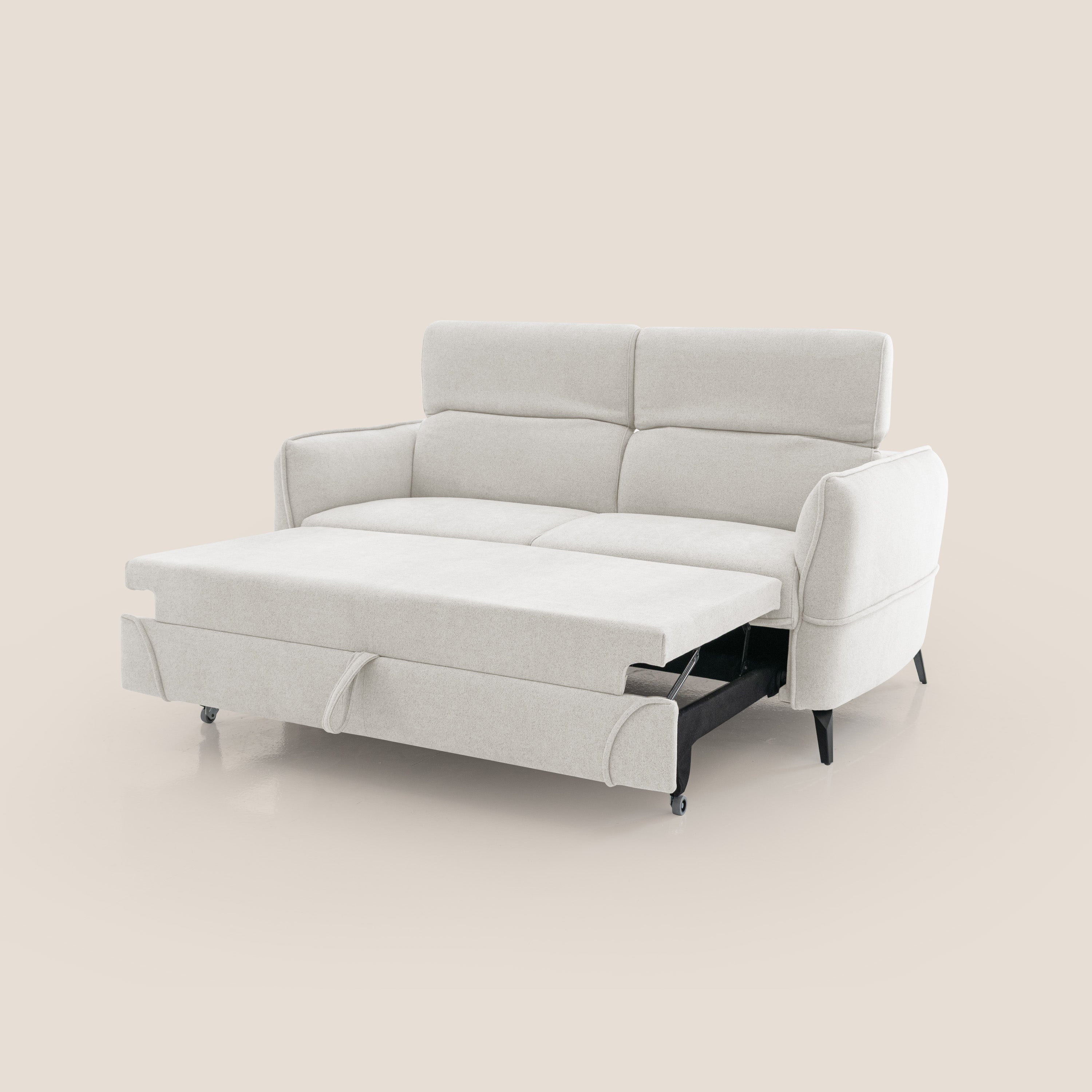 Bloom Divano con poggiapiedi estraibile piedini alti e poggiatesta reclinabili in tessuto bouclé impermeabile T07 bianco - divani.store