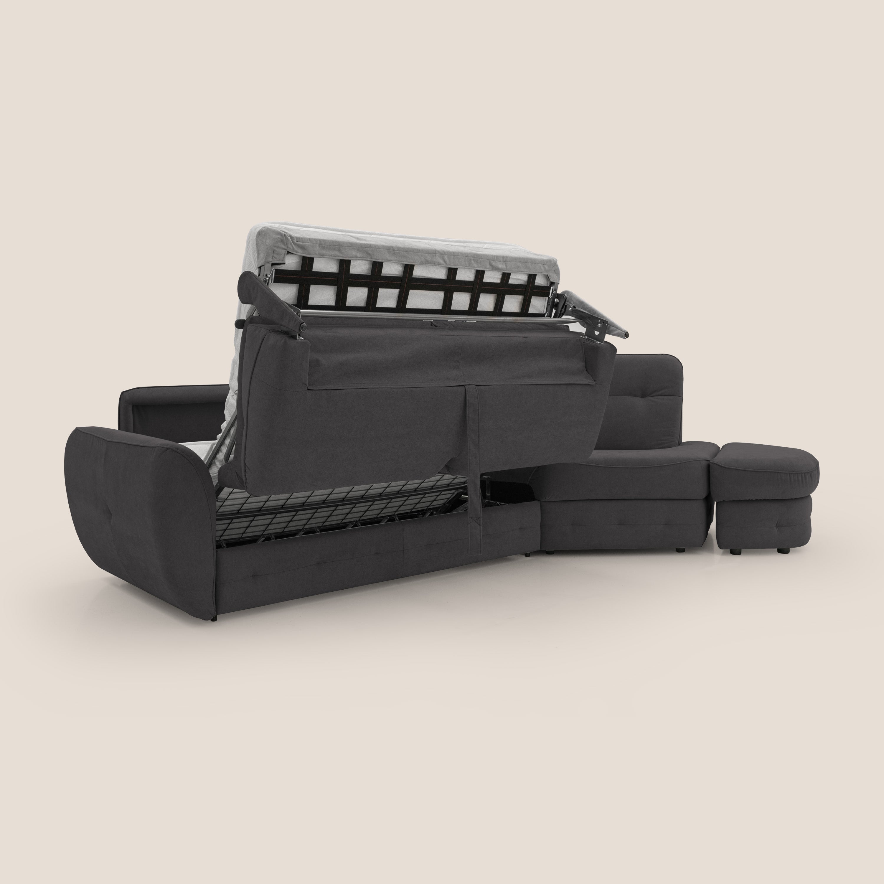 Zeus divano letto angolare con materasso H18 cm pouf mobile in tessuto impermeabile T02 - divani.store