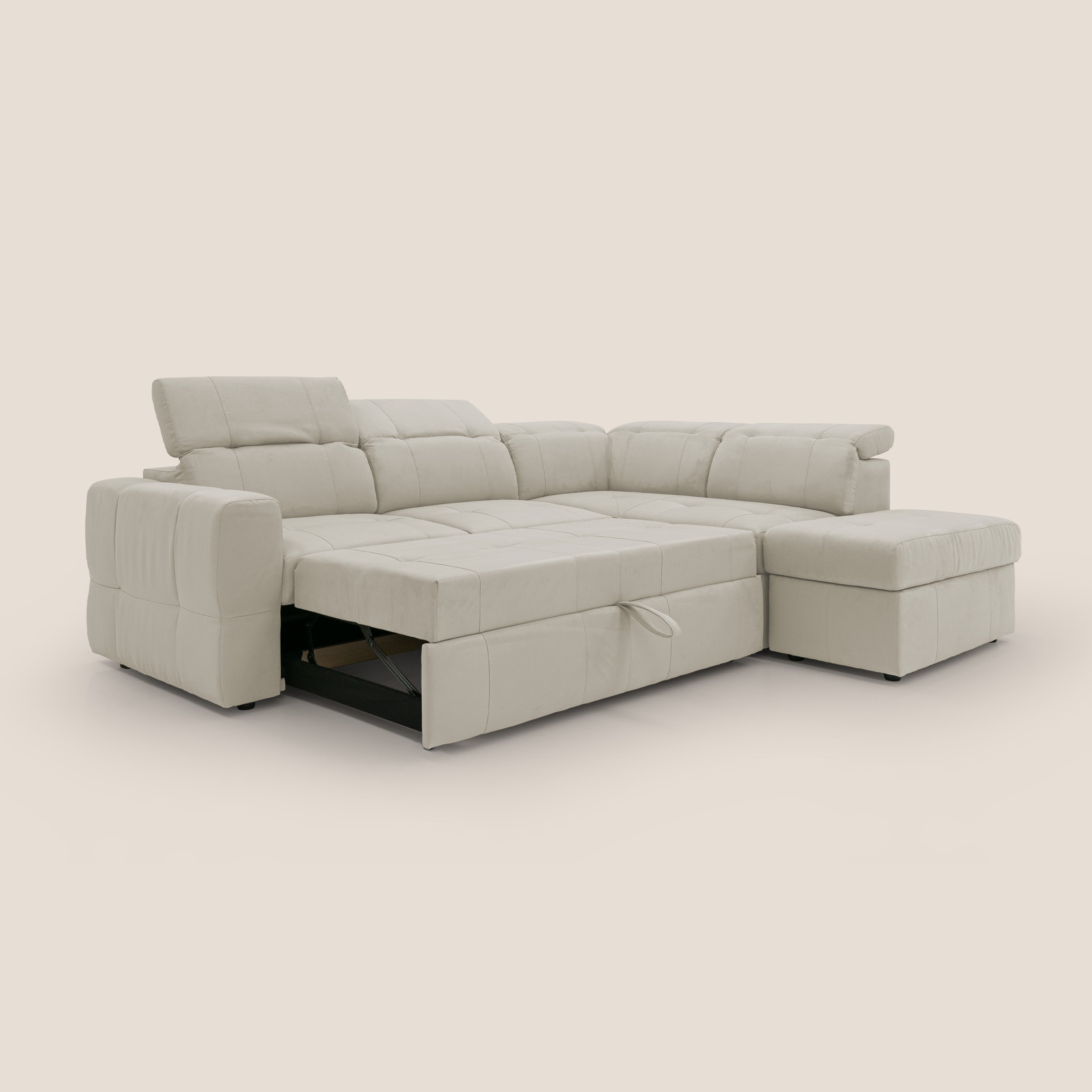 Kronos Divano angolare con poggiapiedi estraibile e pouf contenitore mobile in microfibra impermeabile T11 panna - divani.store