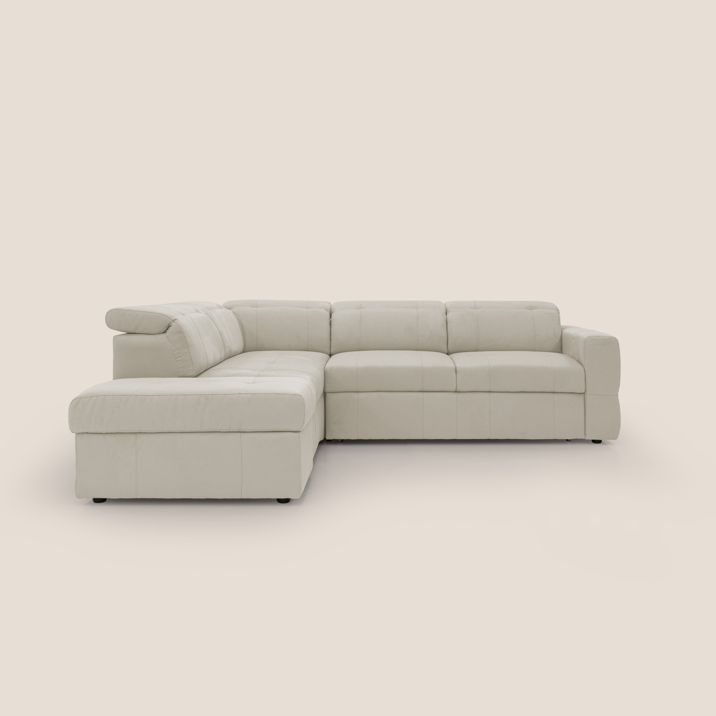 Kronos Divano angolare con poggiapiedi estraibile e pouf contenitore mobile in microfibra impermeabile T11 panna - divani.store