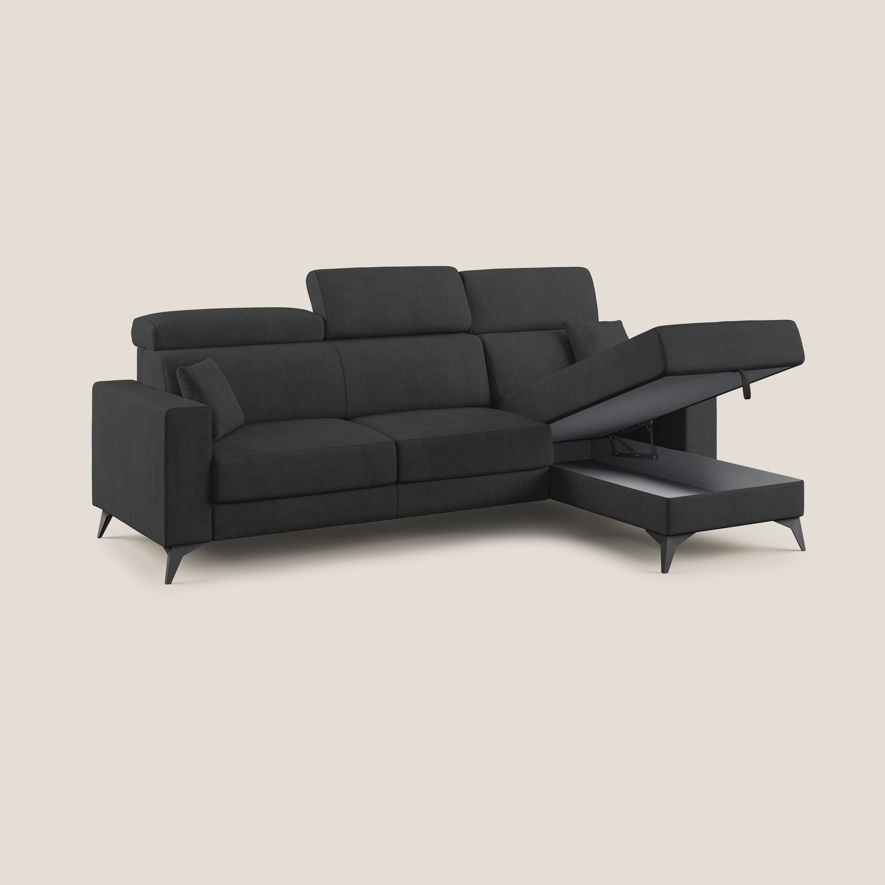 Pegaso divano letto angolare con poggiatesta reclinabili e rivestimento impermeabile T02 nero - divani.store