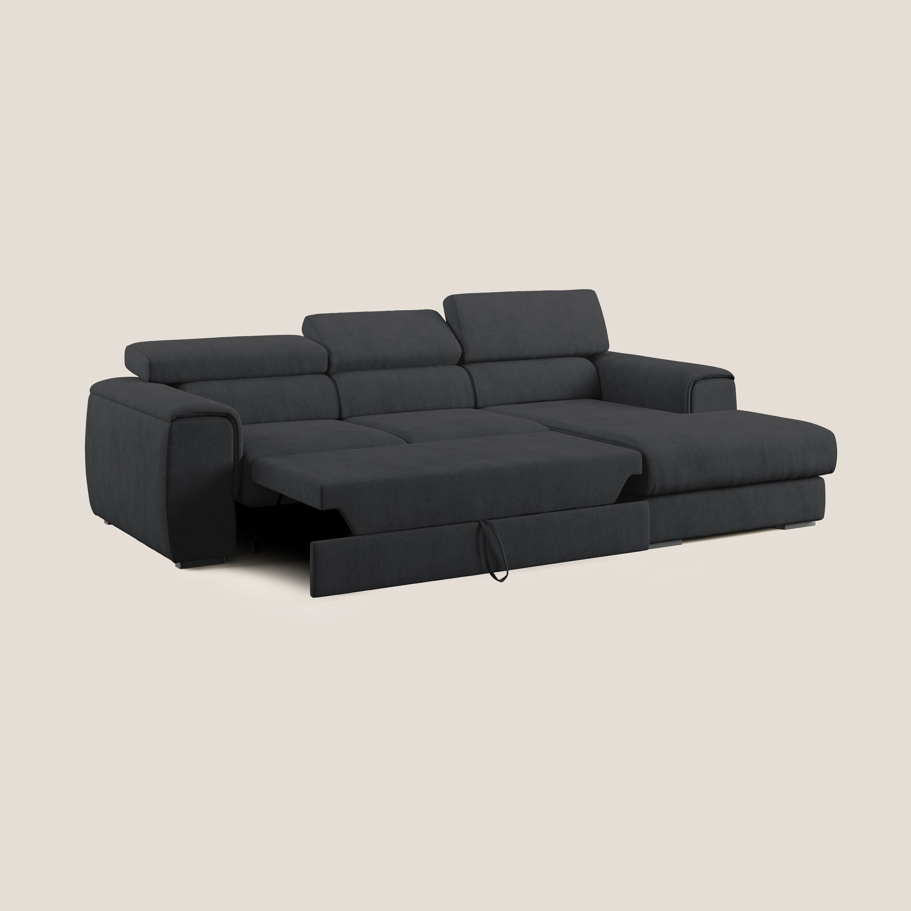 Zeno Divano angolare con pouf estraibile poggiapiedi in tessuto morbido impermeabile T02 nero - divani.store