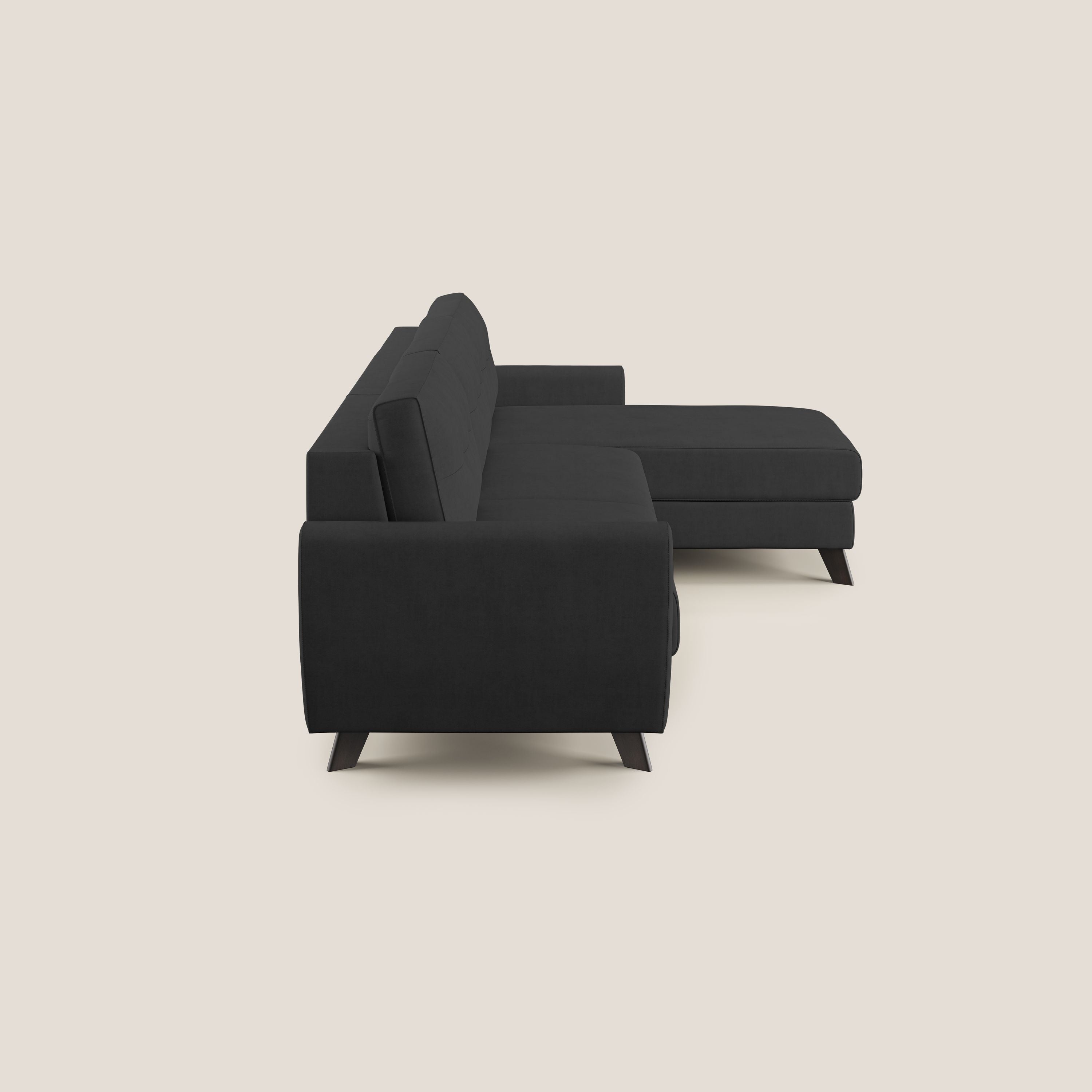 Callisto Divano letto angolare con penisola in tessuto morbido impermeabile T02 nero - divani.store