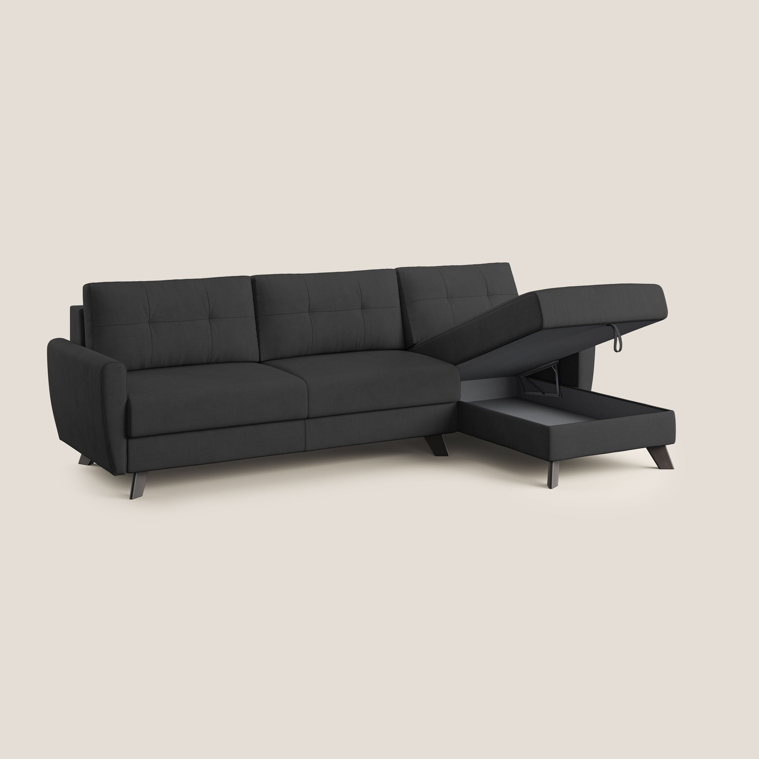 Callisto Divano letto angolare con penisola in tessuto morbido impermeabile T02 nero - divani.store