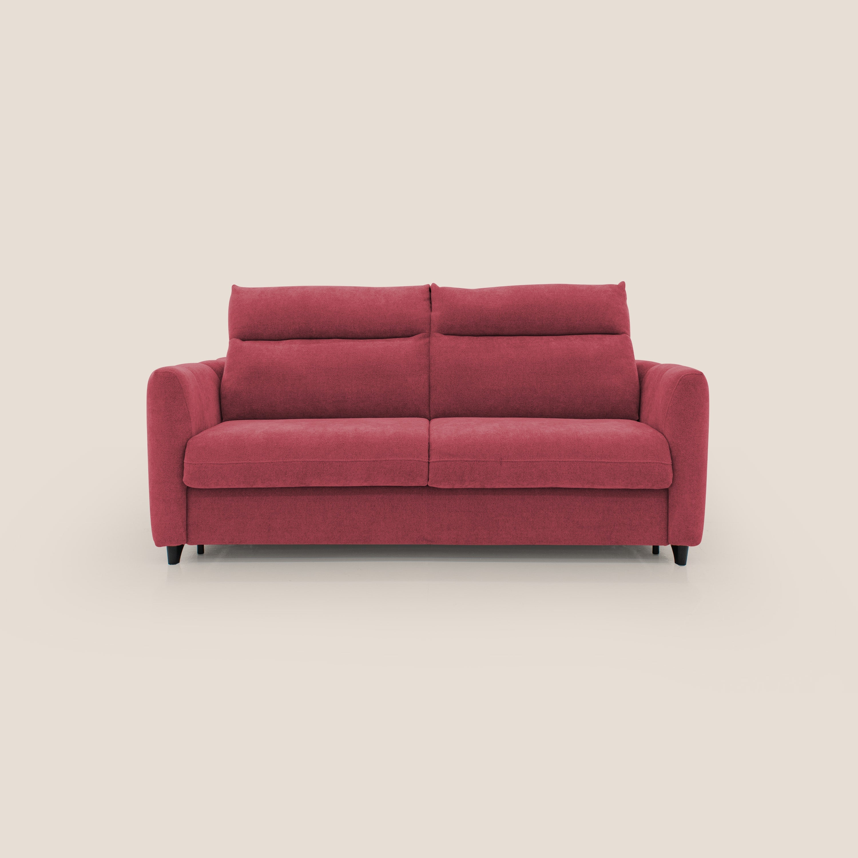 Peonia divano letto scandinavo con materasso H18 cm e morbido e alto schienale in tessuto Bouclé impermeabile T07 rosso - divani.store