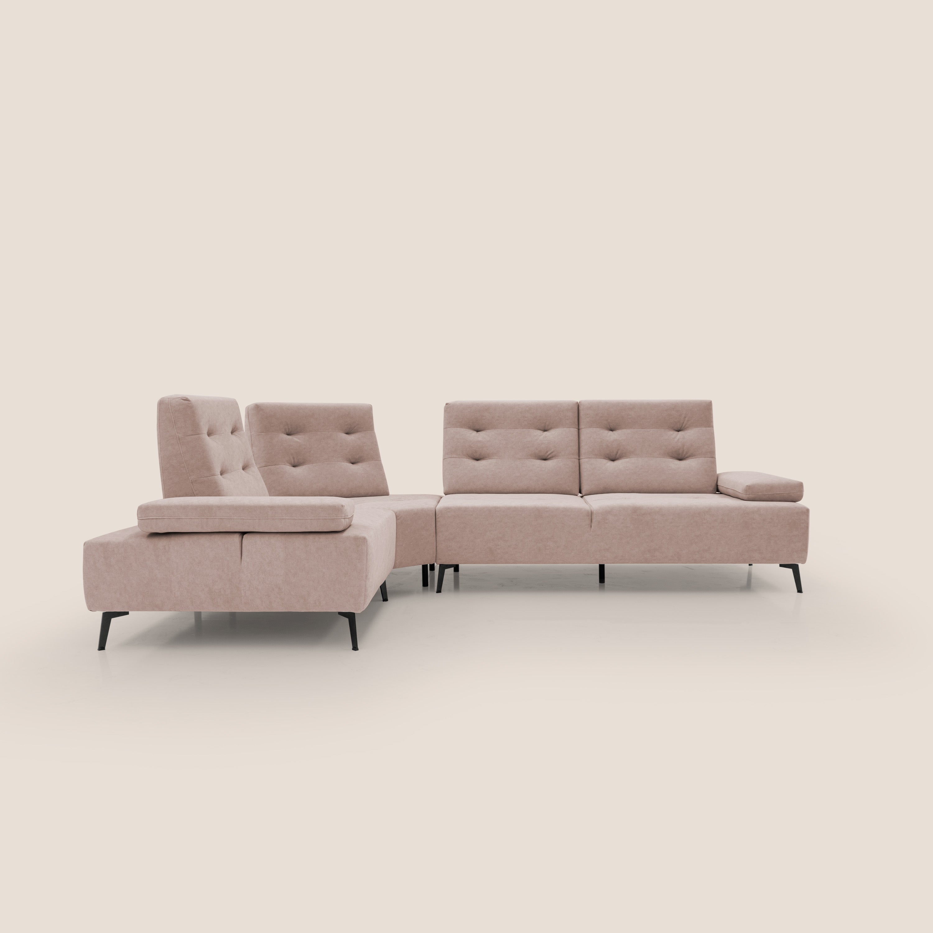 Lugano Divano angolare con schienali traslanti in microfibra effetto velluto T09 rosa - divani.store