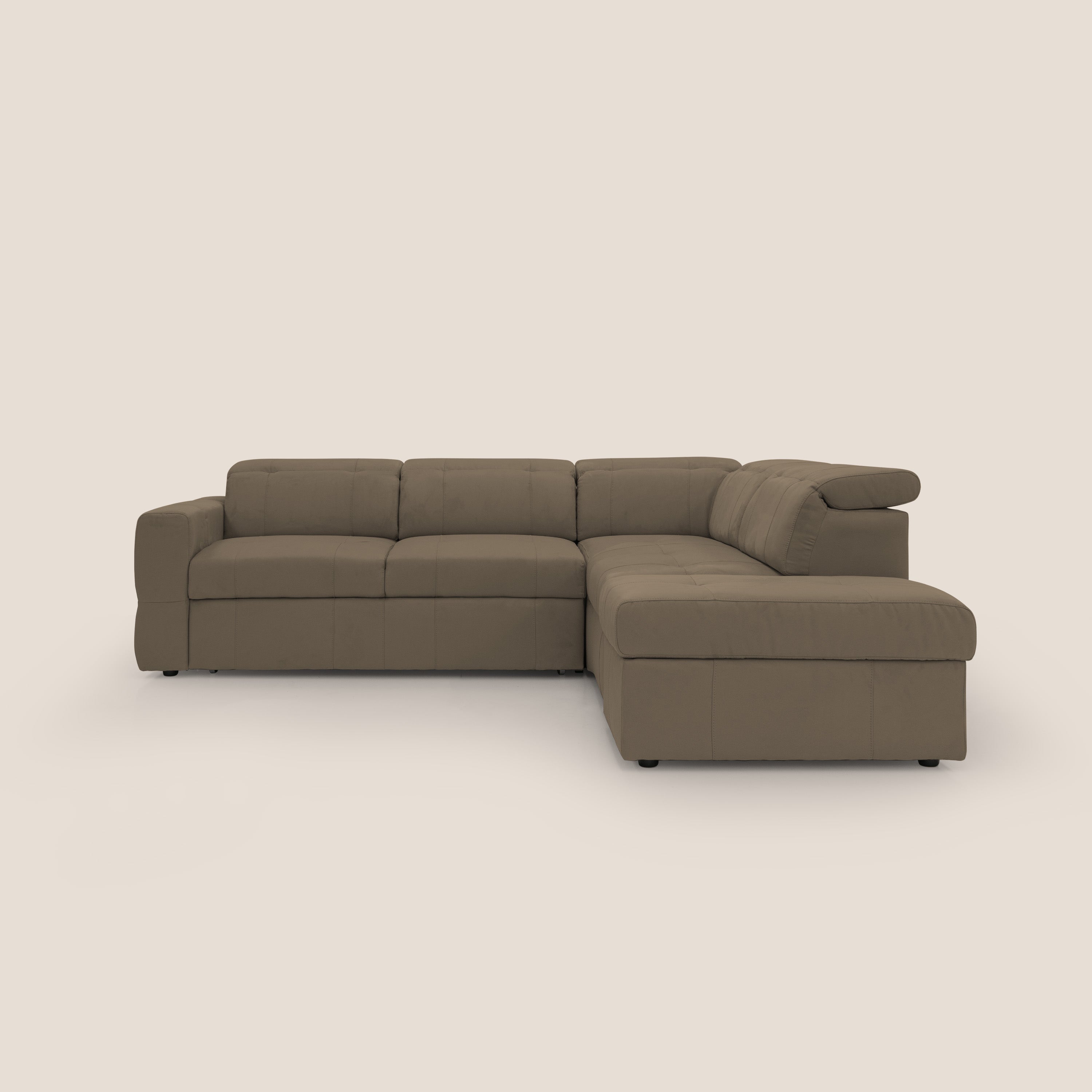 Kronos Divano angolare con poggiapiedi estraibile e pouf contenitore mobile in microfibra impermeabile T11 marrone - divani.store