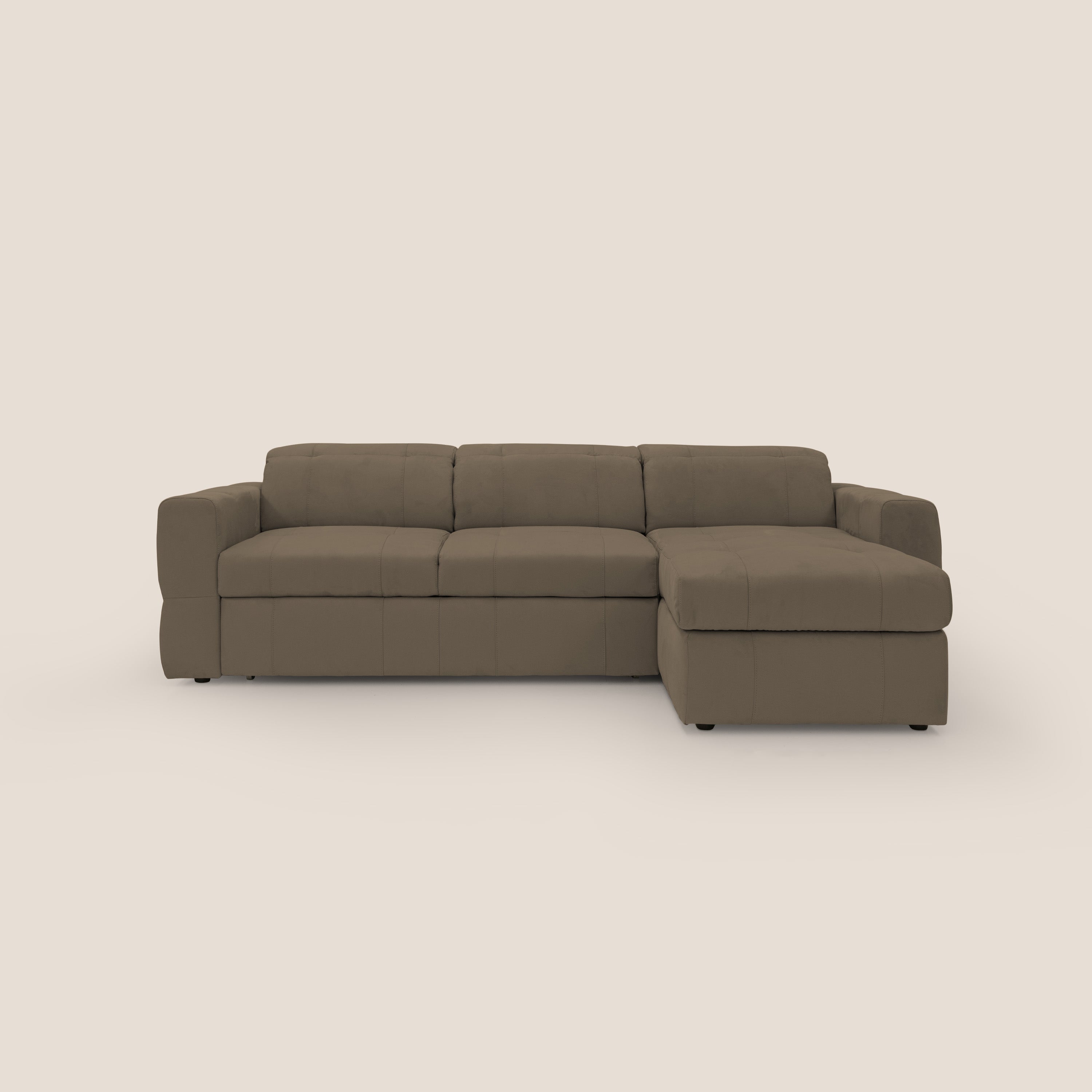 Kronos Divano angolare con pouf estraibile e penisola contenitore in microfibra impermeabile T11 marrone - divani.store