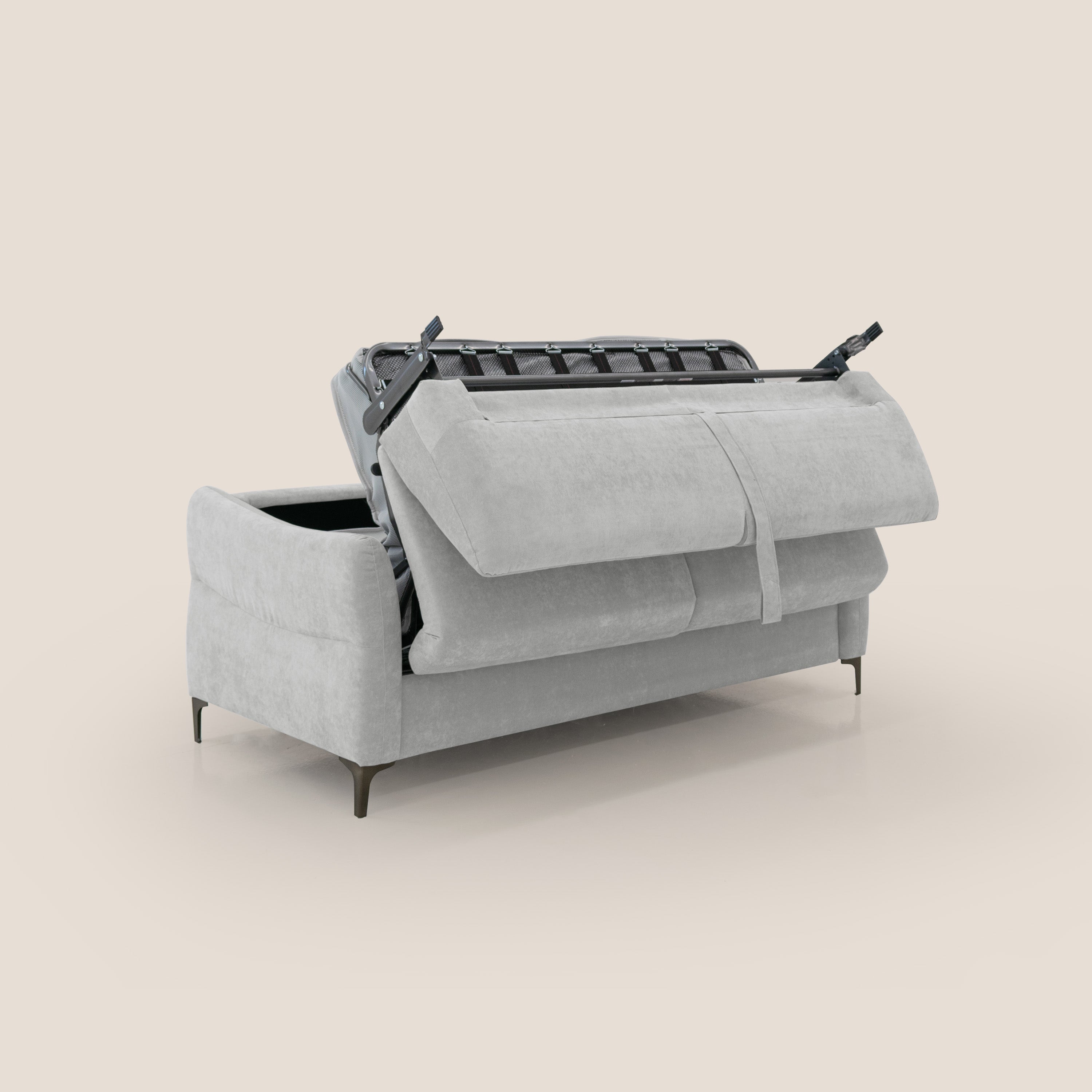 Dalia divano letto con materasso H18 cm e piedi alti in raffinato tessuto smacchiabile T17 grigio - divani.store
