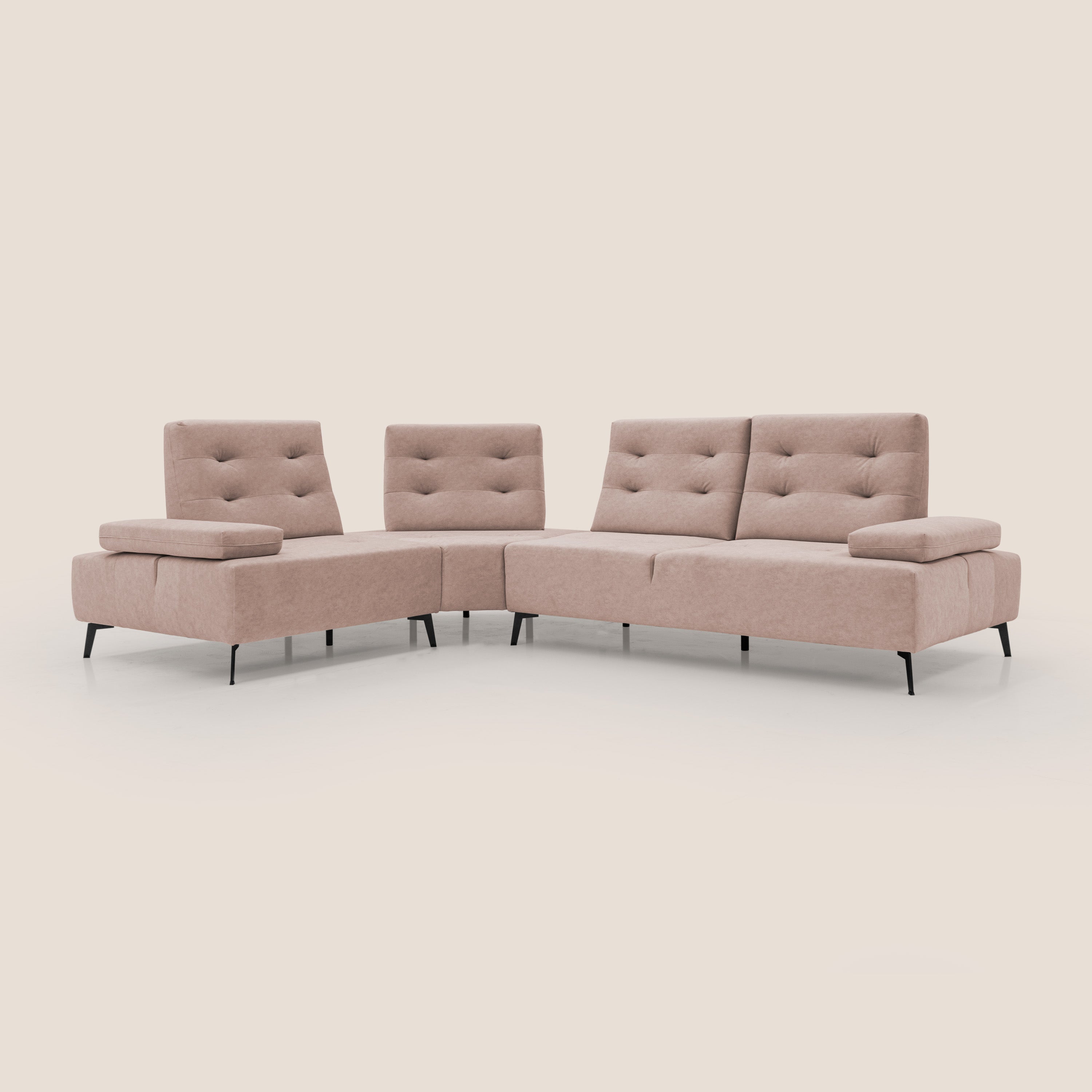 Lugano Divano angolare con schienali traslanti in microfibra effetto velluto T09 rosa - divani.store