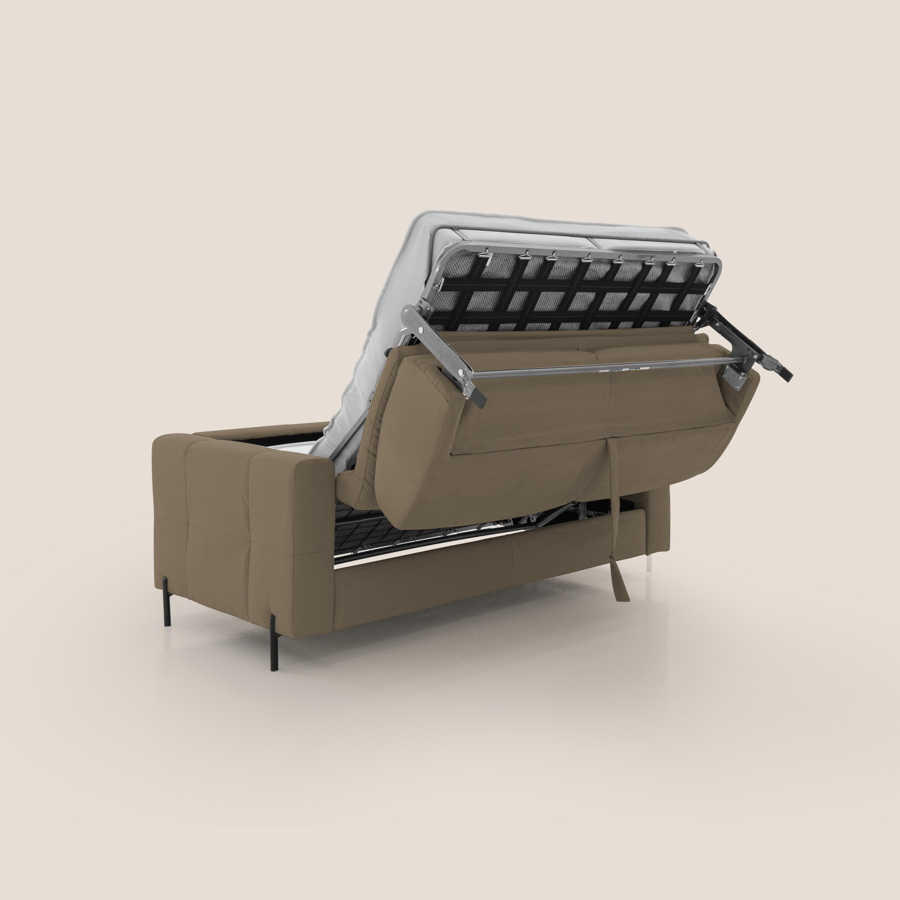 Ortensia divano letto materasso H18 cm con piedi alti in elegante microfibra smacchiabile T11 marrone - divani.store