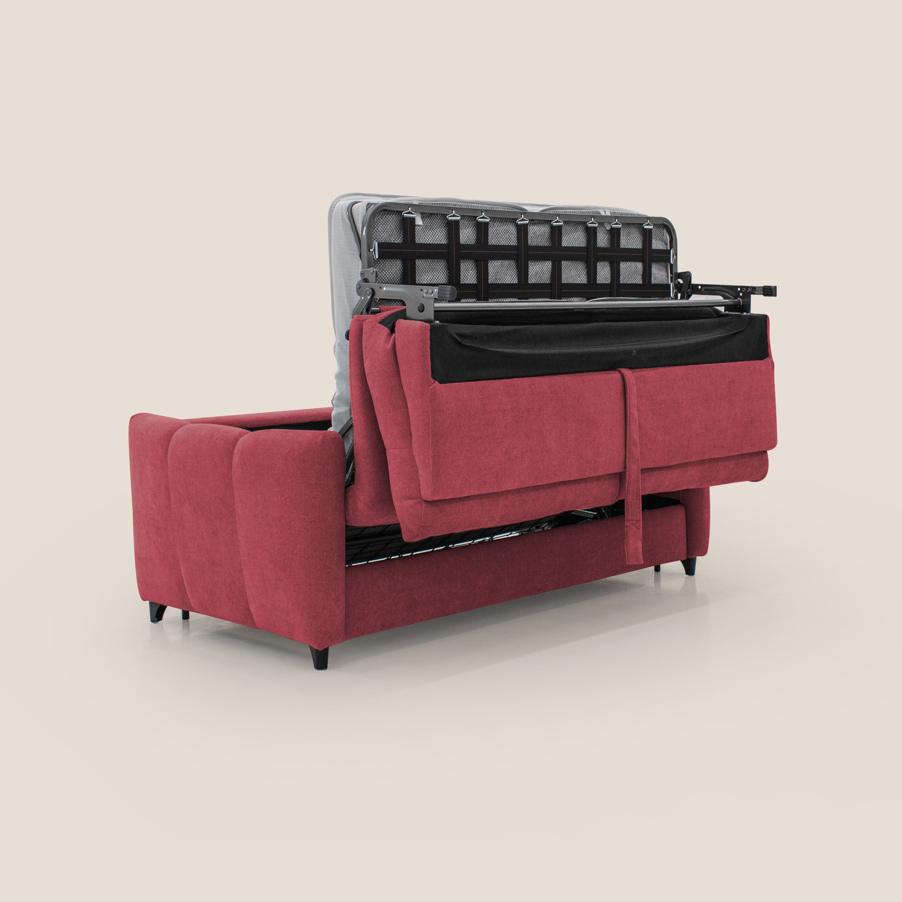 Peonia divano letto scandinavo con materasso H18 cm e morbido e alto schienale in tessuto Bouclé impermeabile T07 rosso - divani.store