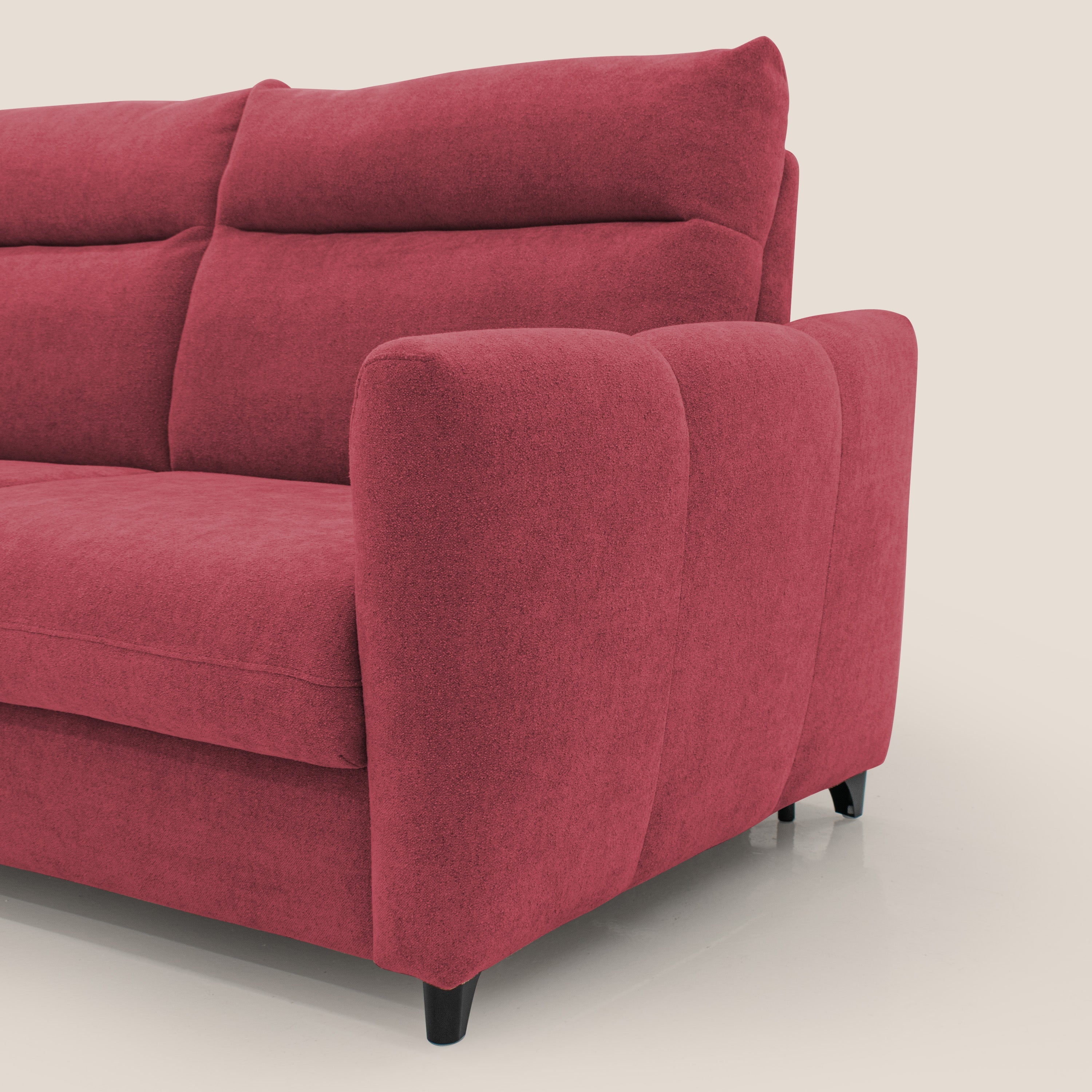 Peonia divano letto scandinavo con materasso H18 cm e morbido e alto schienale in tessuto Bouclé impermeabile T07 rosso - divani.store