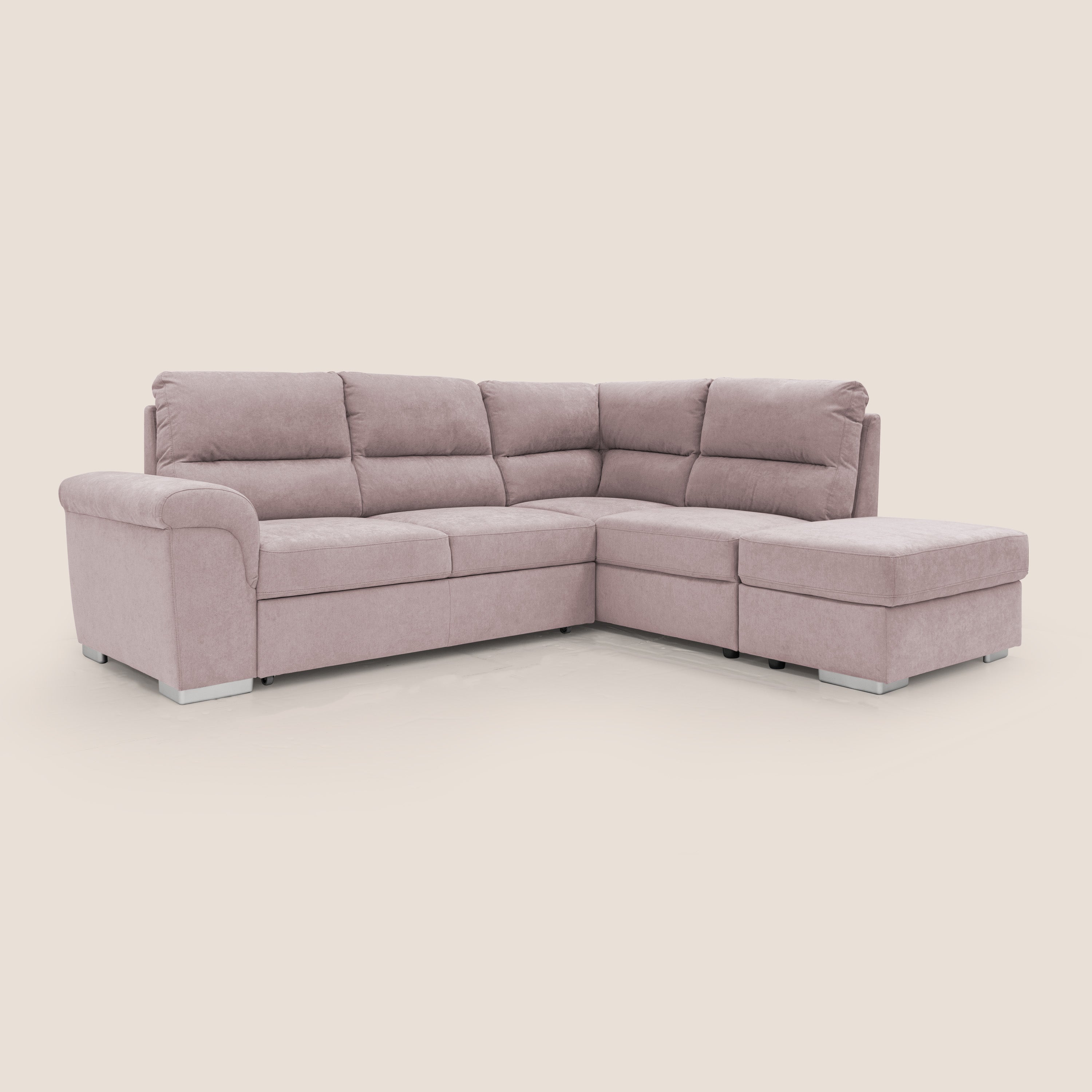 Minerva divano angolare con estraibile a cassettone e pouf contenitore in tessuto morbido impermeabile T02 rosa - divani.store