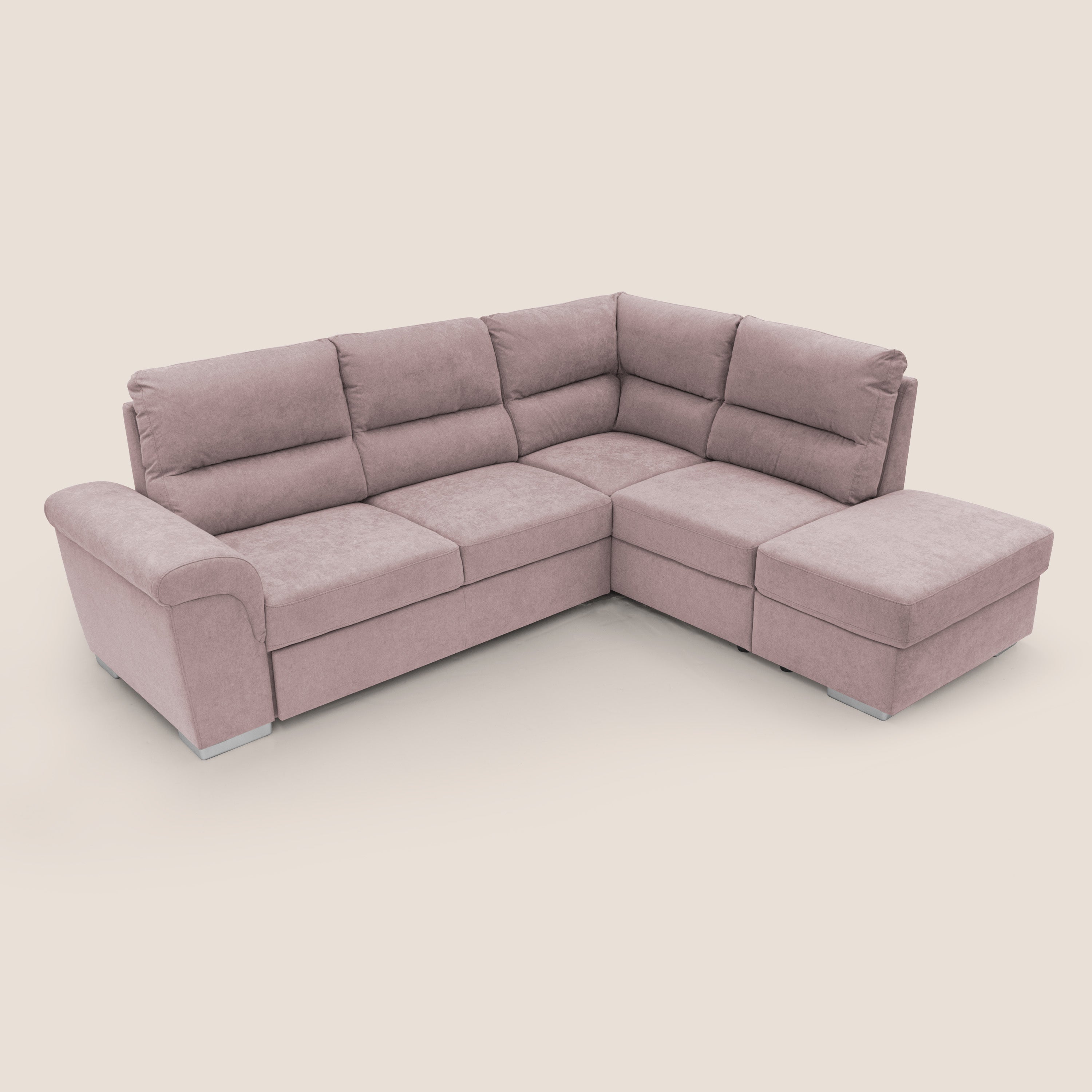 Minerva divano angolare con estraibile a cassettone e pouf contenitore in tessuto morbido impermeabile T02 rosa - divani.store