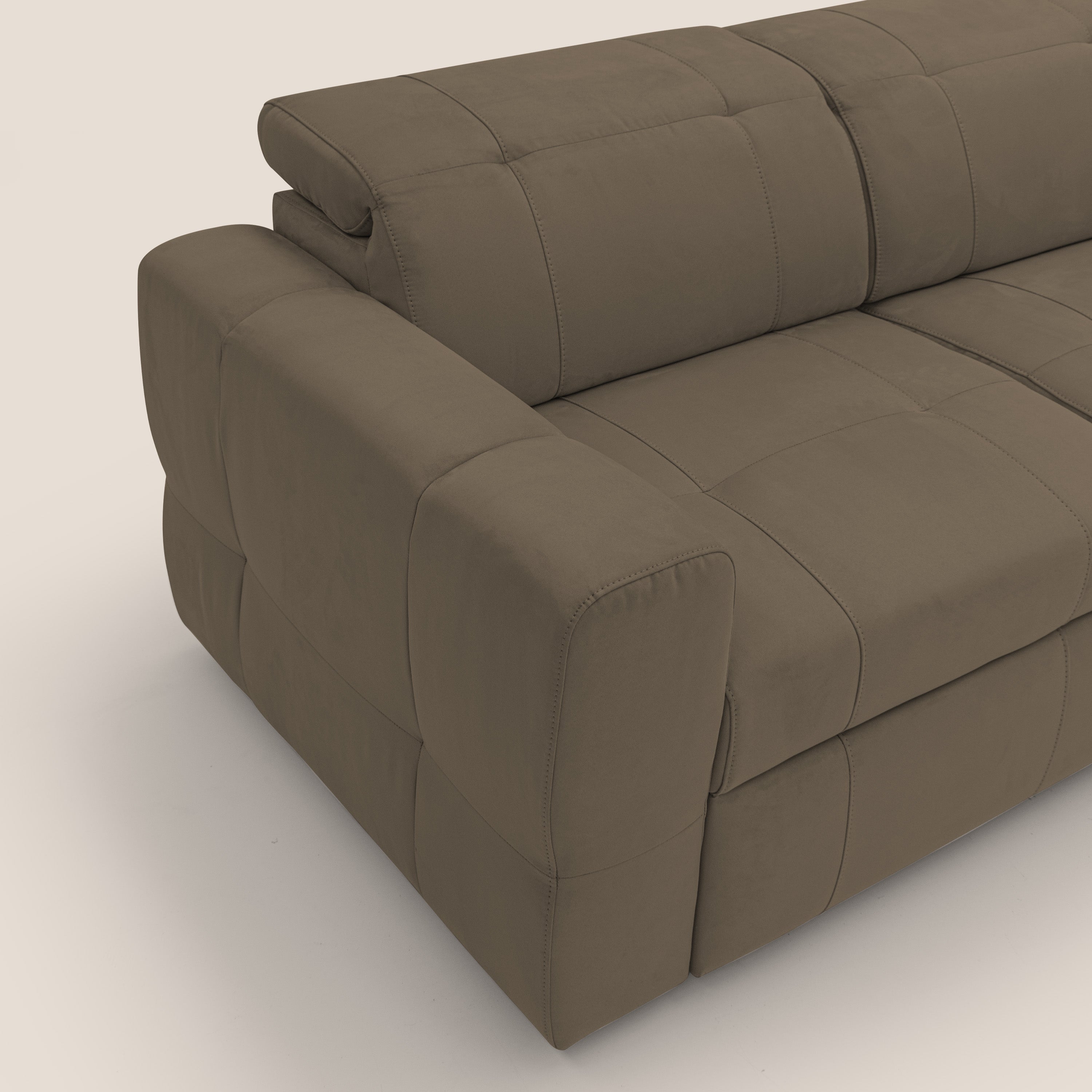 Kronos Divano angolare con pouf estraibile e penisola contenitore in microfibra impermeabile T11 marrone - divani.store