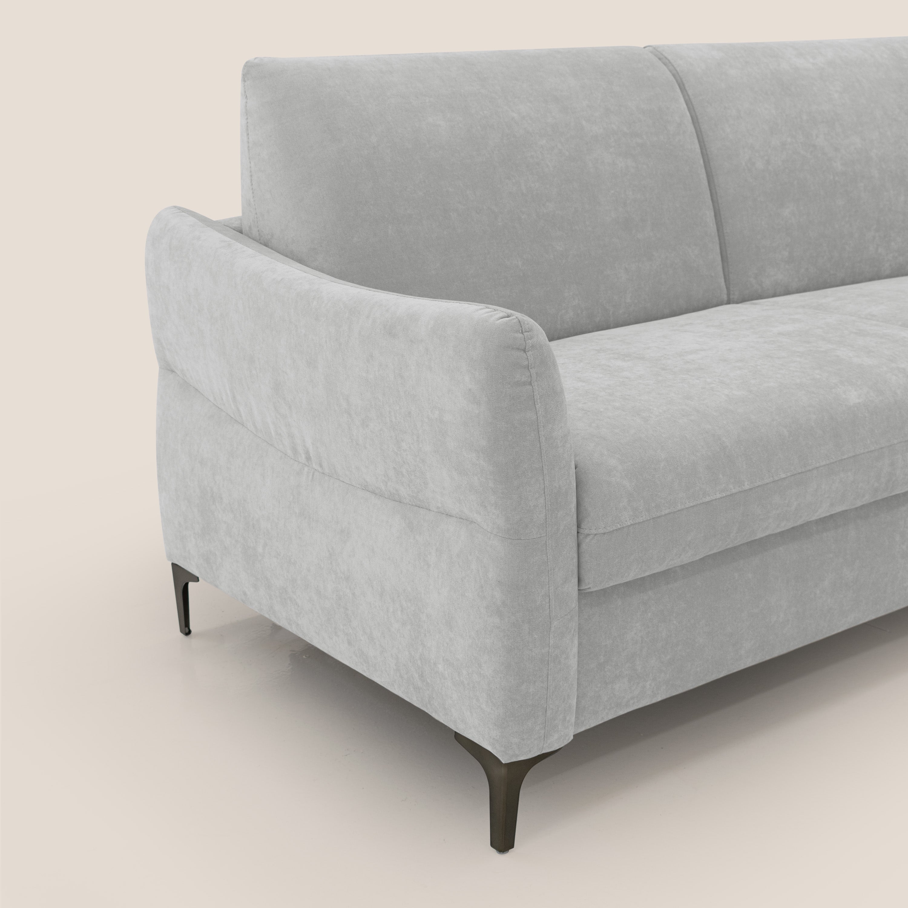 Dalia divano letto con materasso H18 cm e piedi alti in raffinato tessuto smacchiabile T17 grigio - divani.store