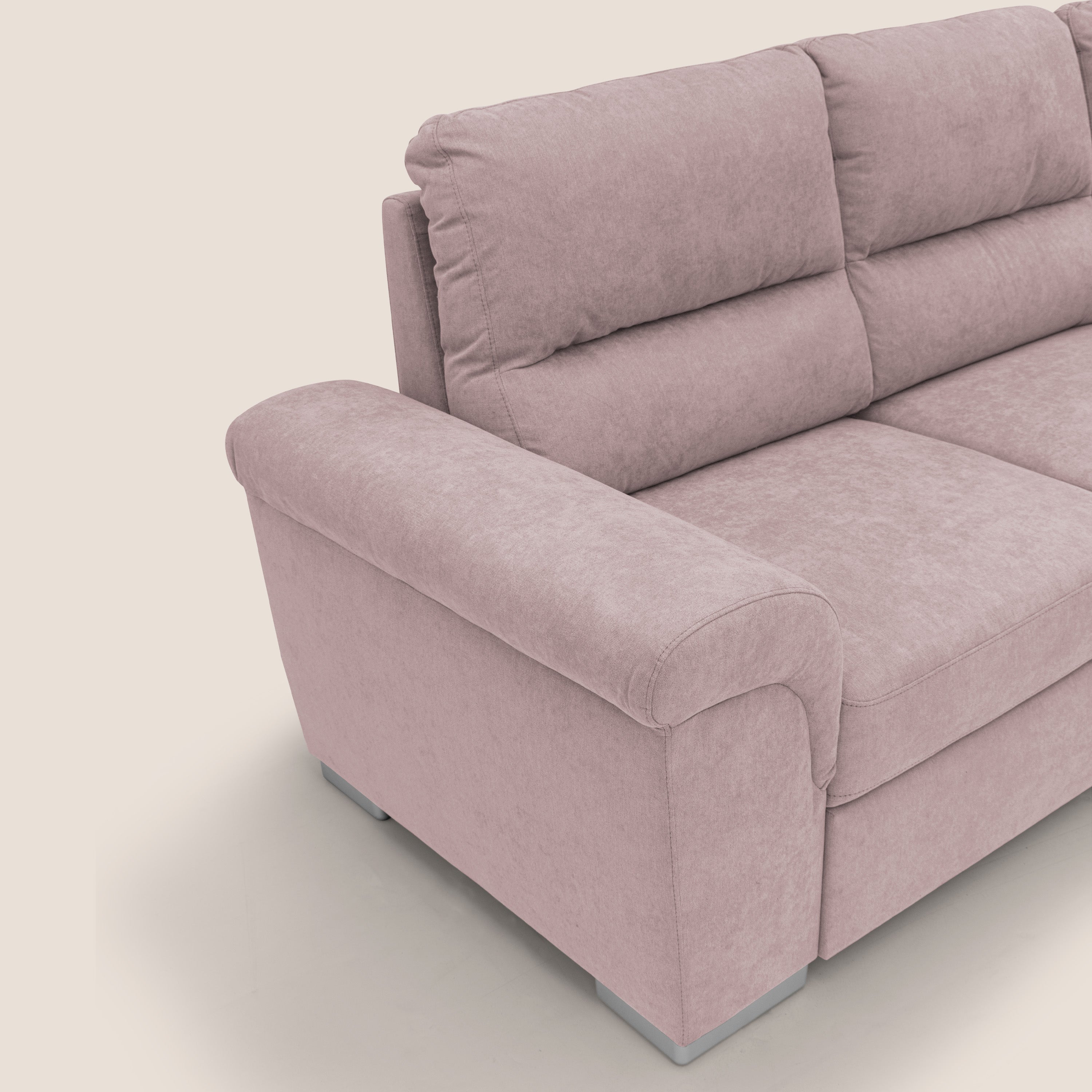 Minerva divano angolare con estraibile a cassettone e pouf contenitore in tessuto morbido impermeabile T02 rosa - divani.store