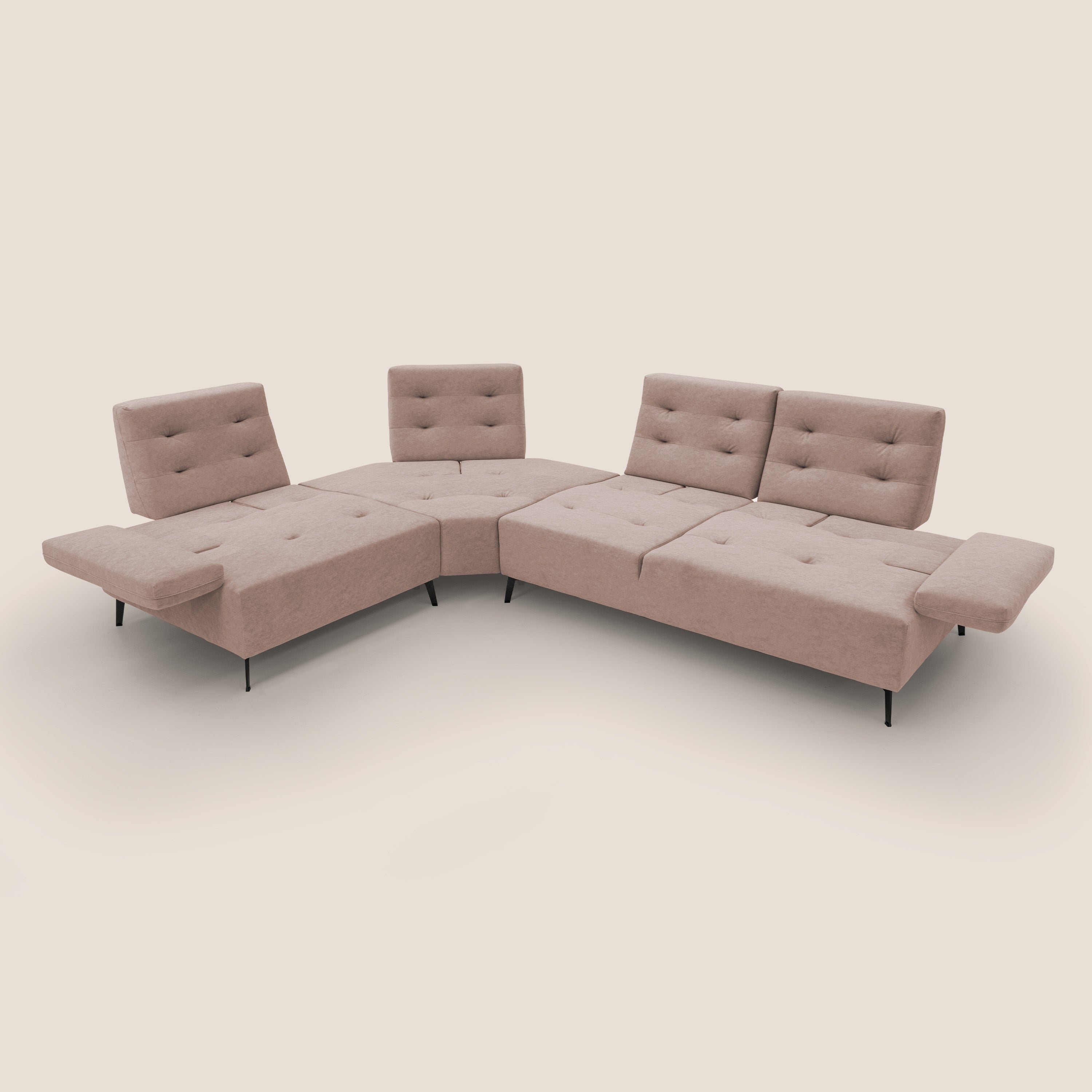 Lugano Divano angolare con schienali traslanti in microfibra effetto velluto T09 rosa - divani.store